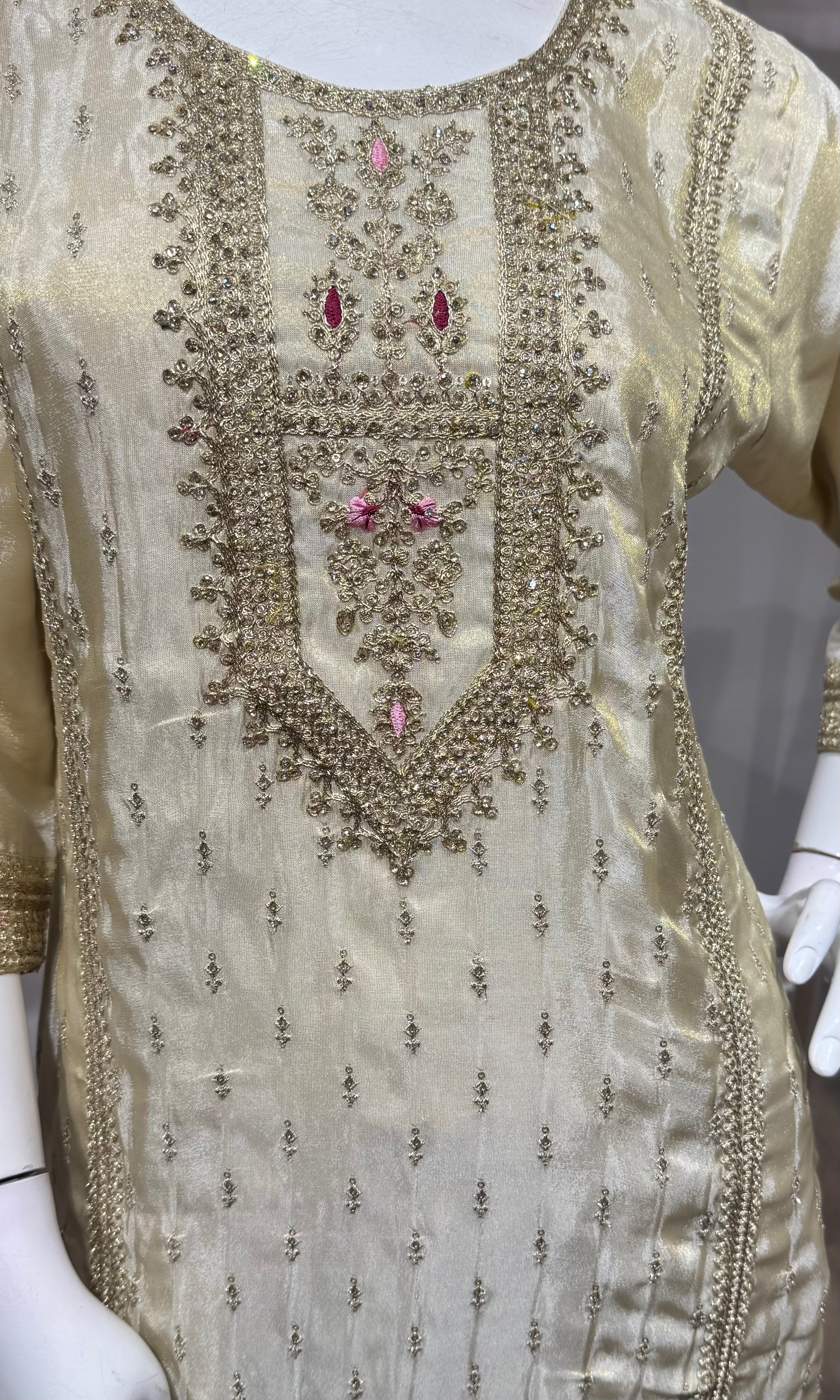 Cream Embroidered Salwar Set with Pink Dupatta