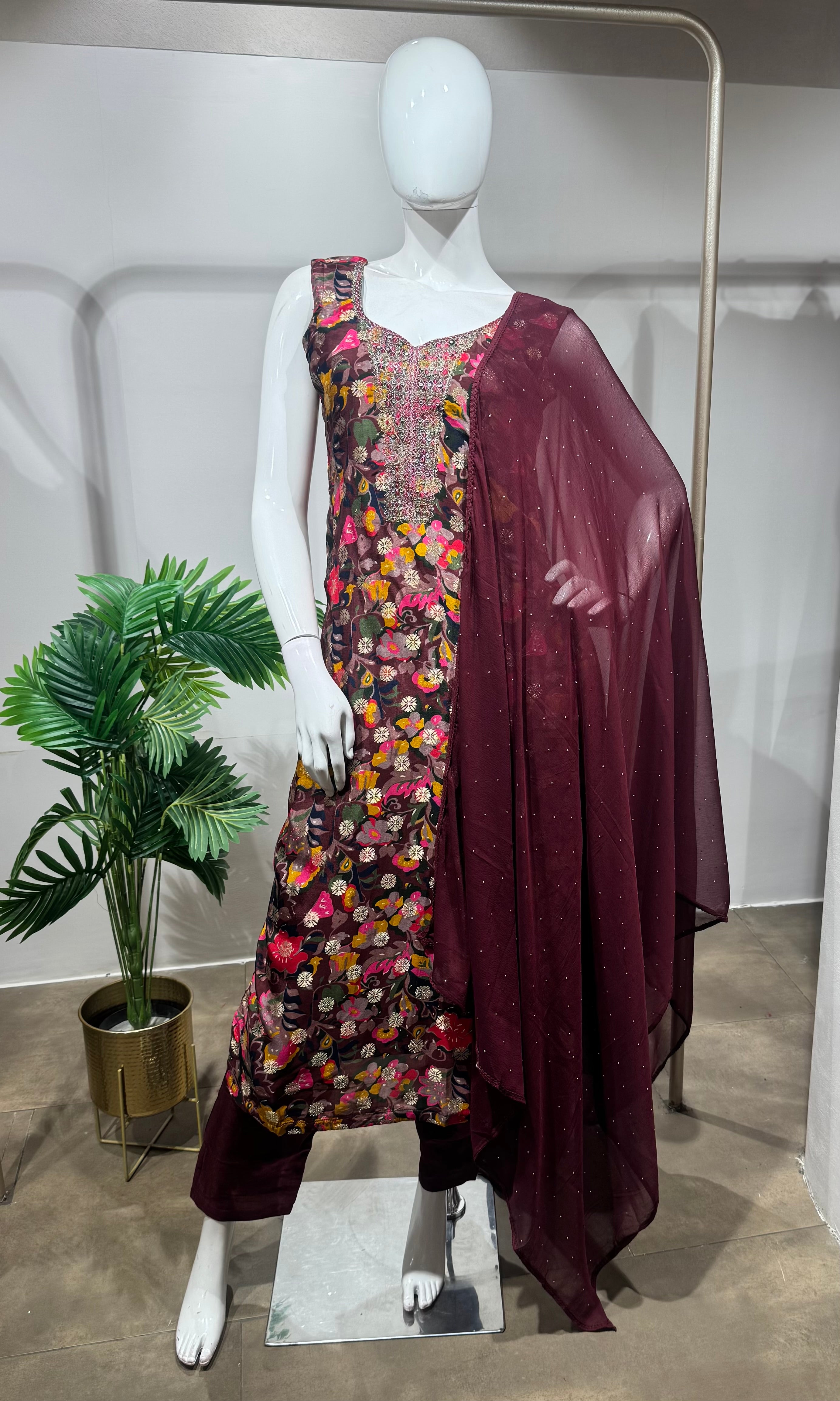 Wine multi floral printed kurta set