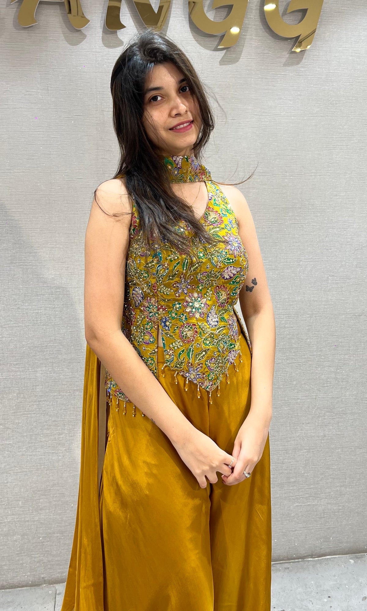 Mustard Gold Satin silk Embroidered Palazzo Set