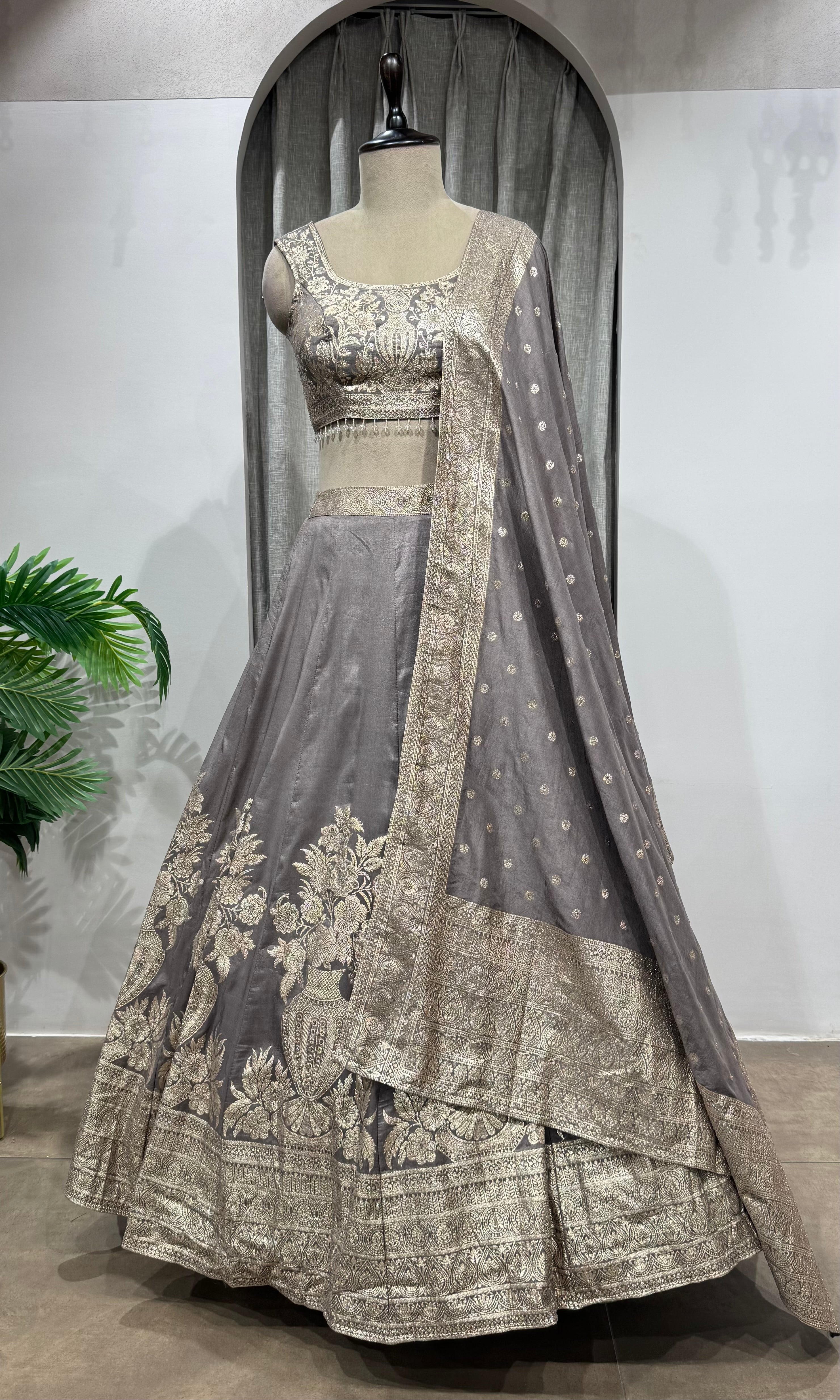 grey with gold embroidered lehenga choli