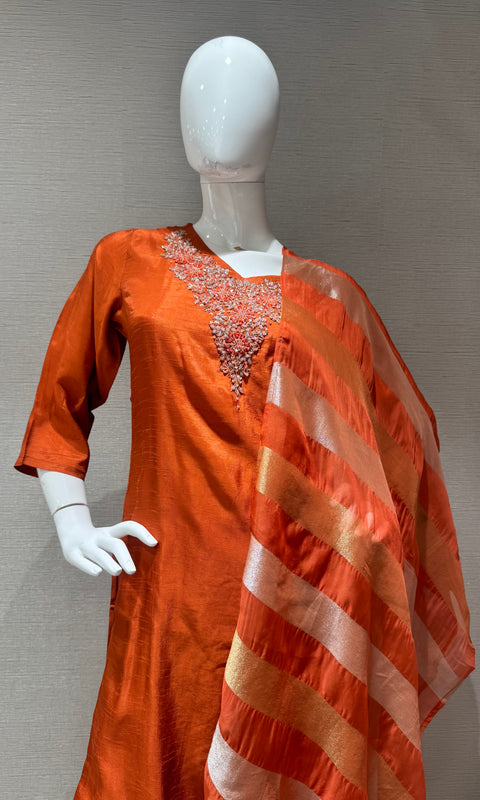 RUST Mul Chanderi Kurta Set with Striped Dupatta