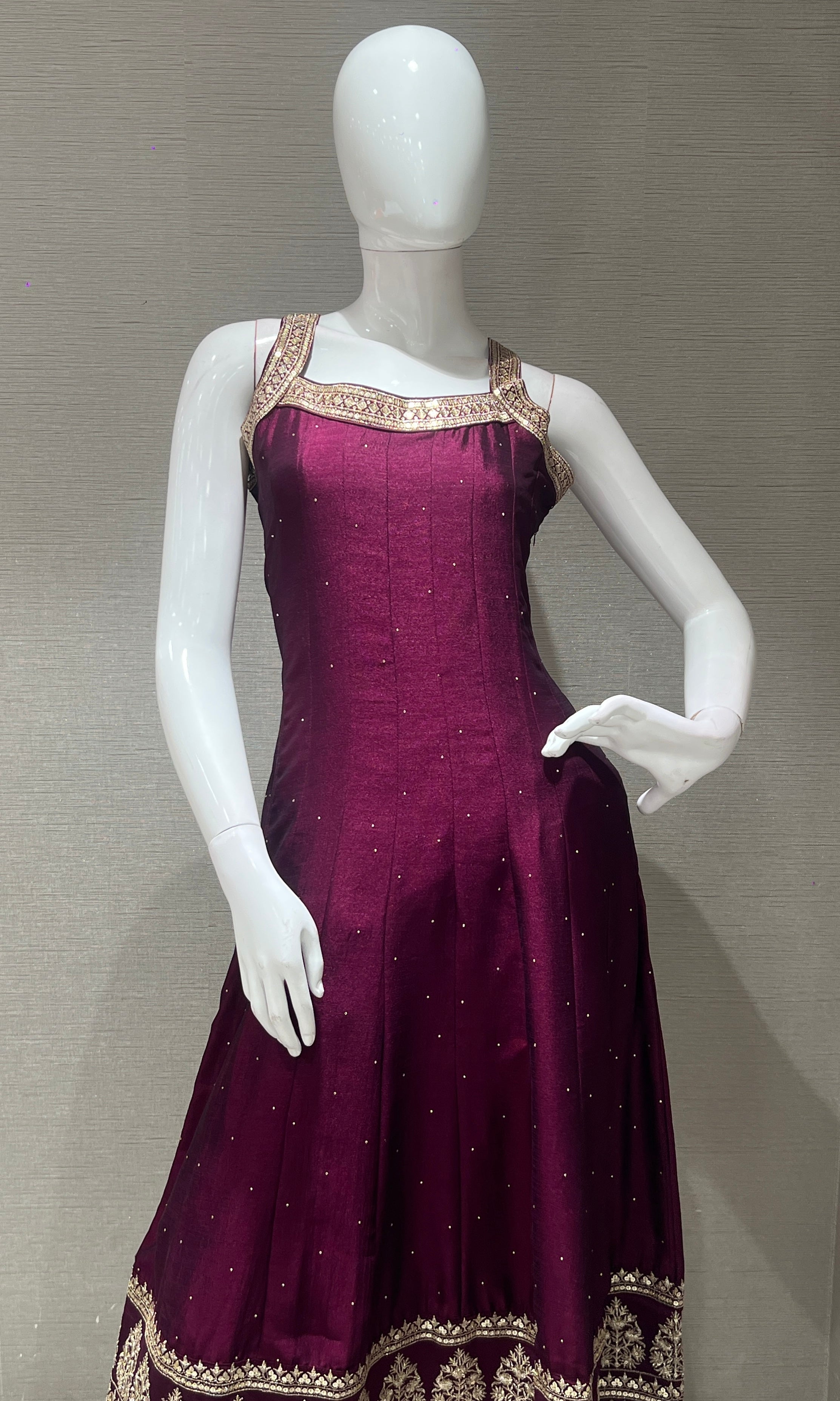 Wine anarkali set with gold embroidery