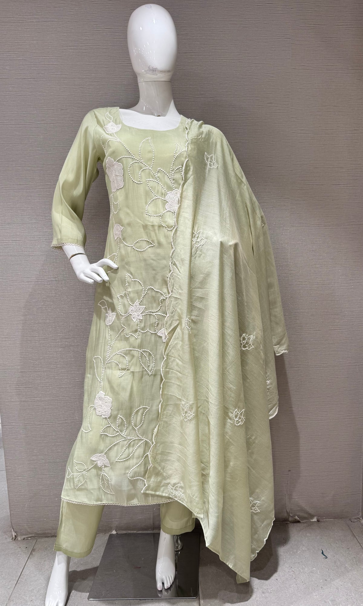 Pastel Green Cotton Floral Kurta & Dupatta Set