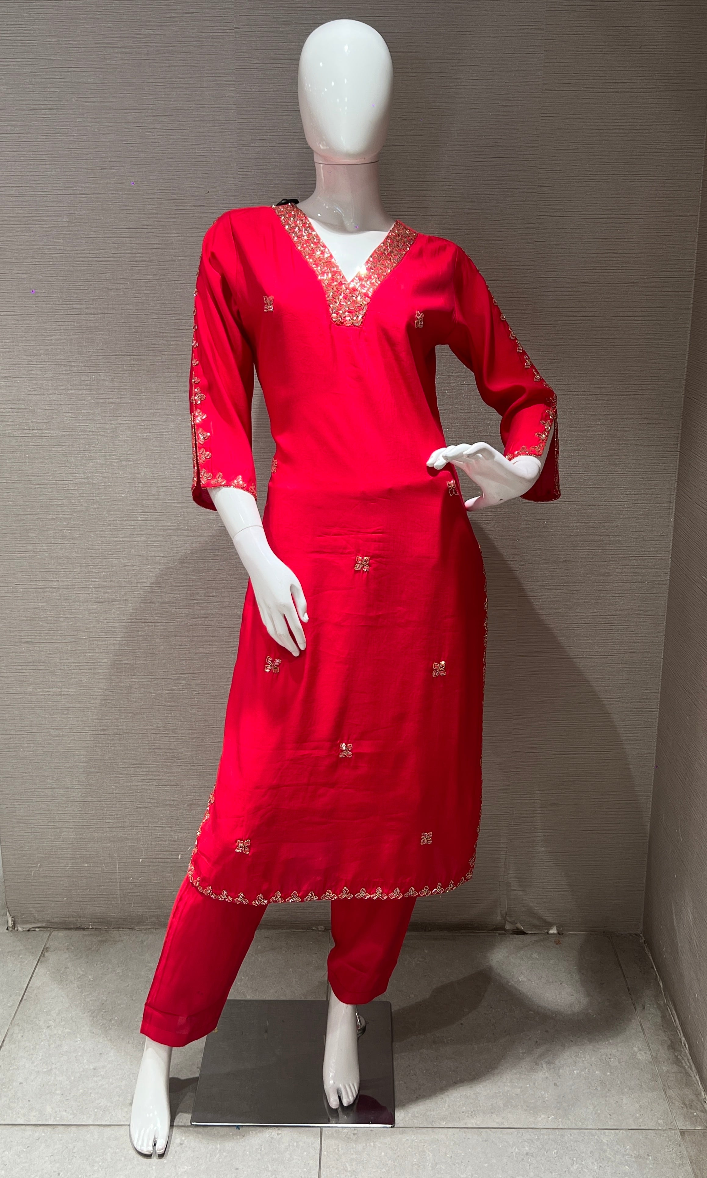 pink embroidered kurta set with striped dupatta