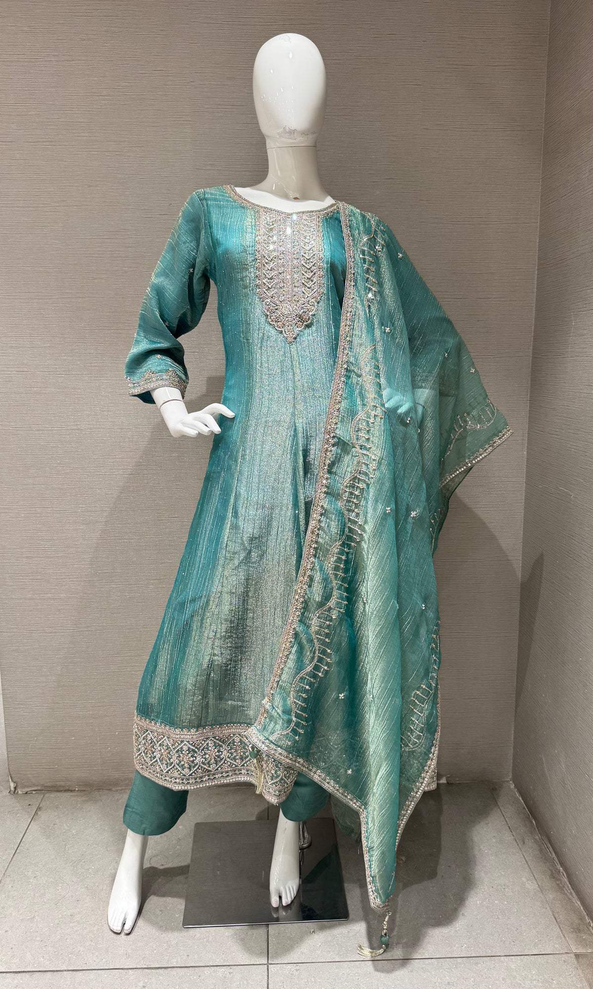 Sea Blue Shimmer Tissue Silk embroidered anarkali set with dupatta