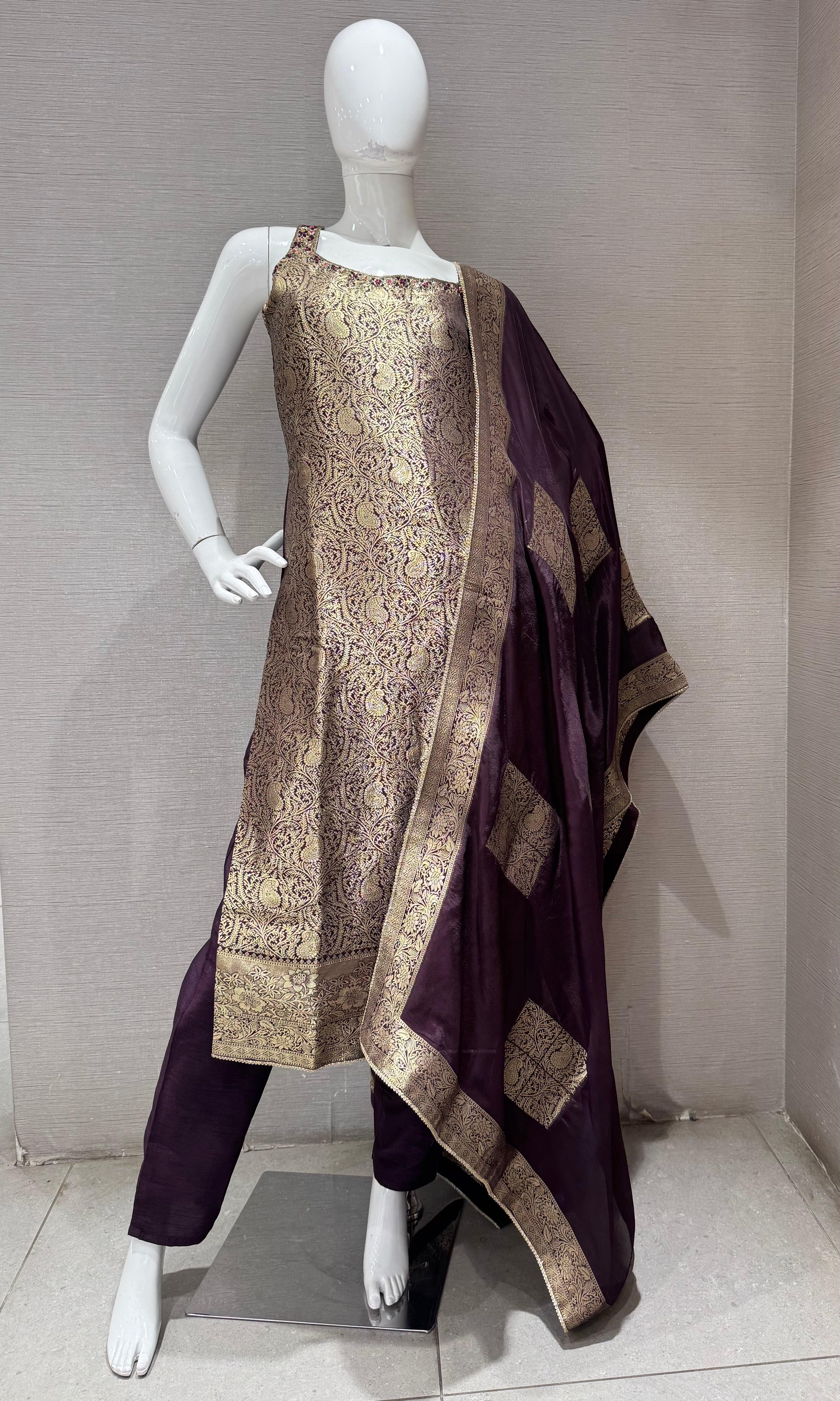 Deep Wine and Gold Zari Kurta Set with Dupatta