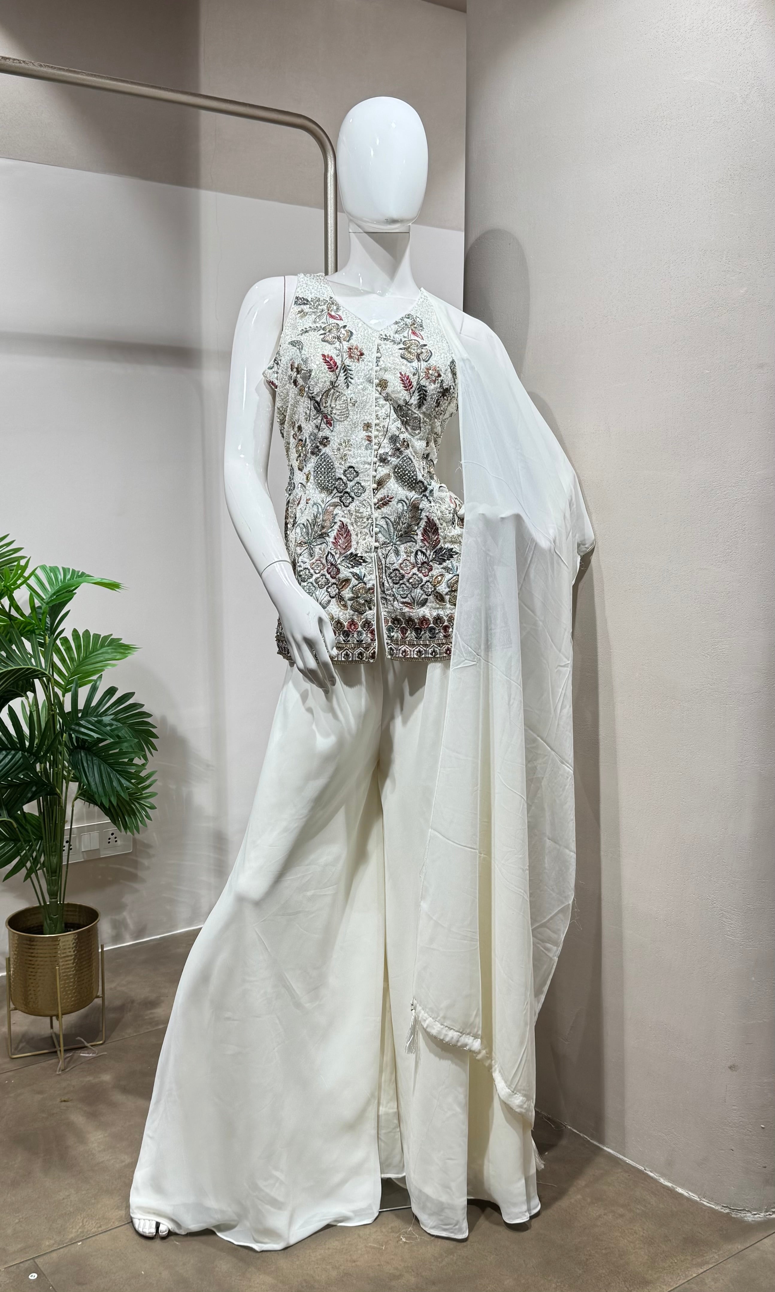 white embroidered kurti with palazzo set