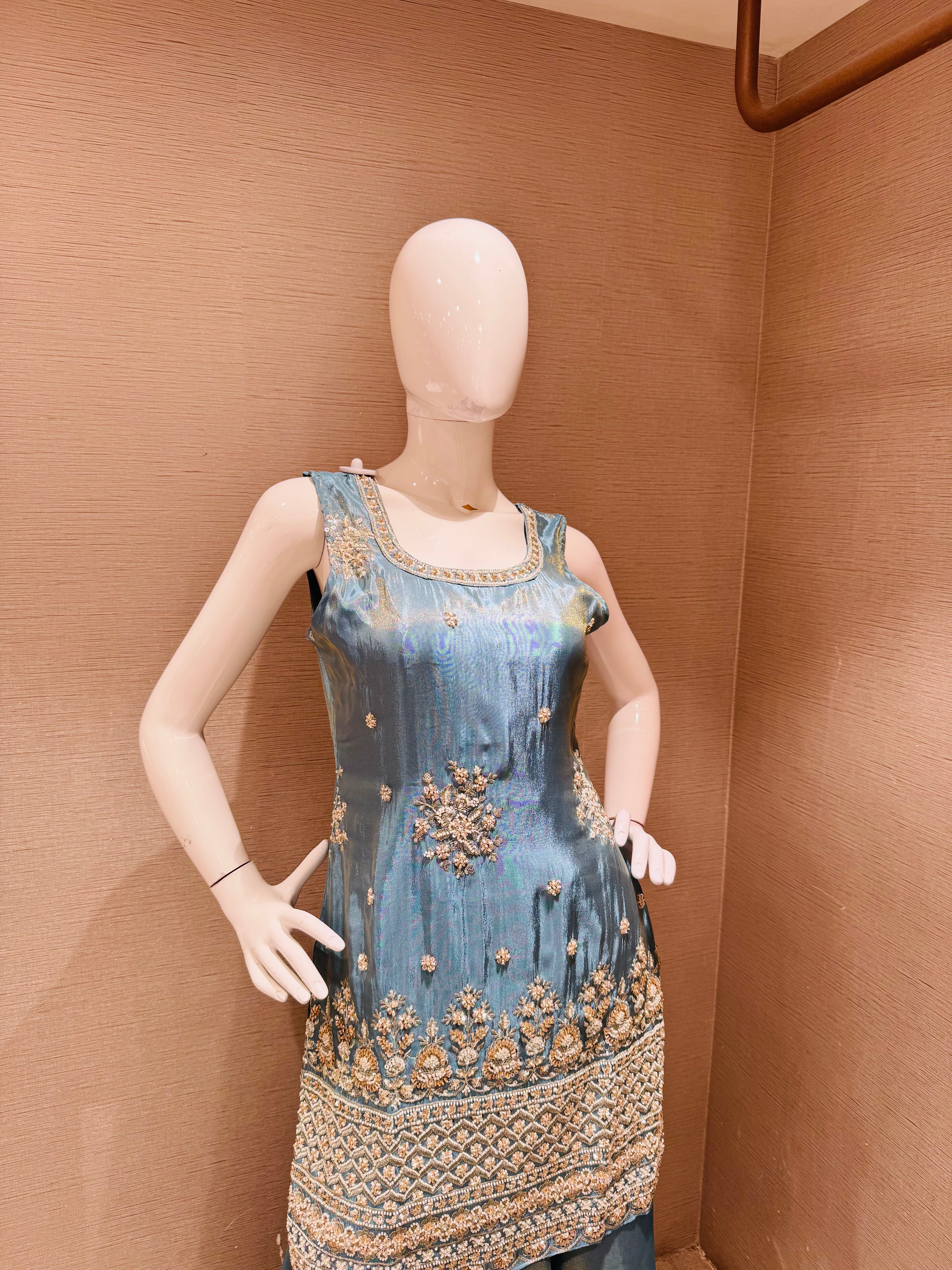 Blue shimmer tissue embroidered sharara set