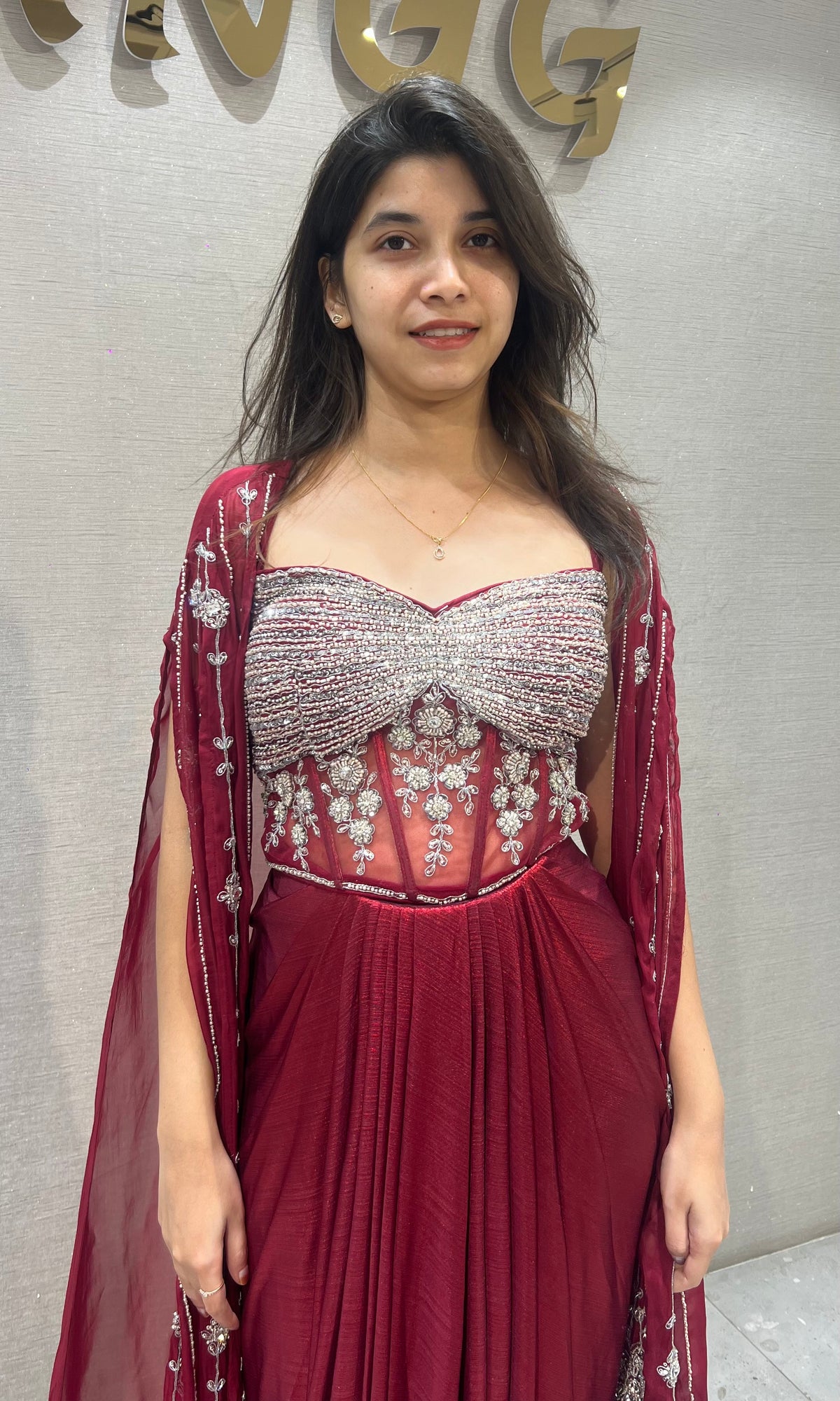 Maroon Deep Embroidered Cape Skirt