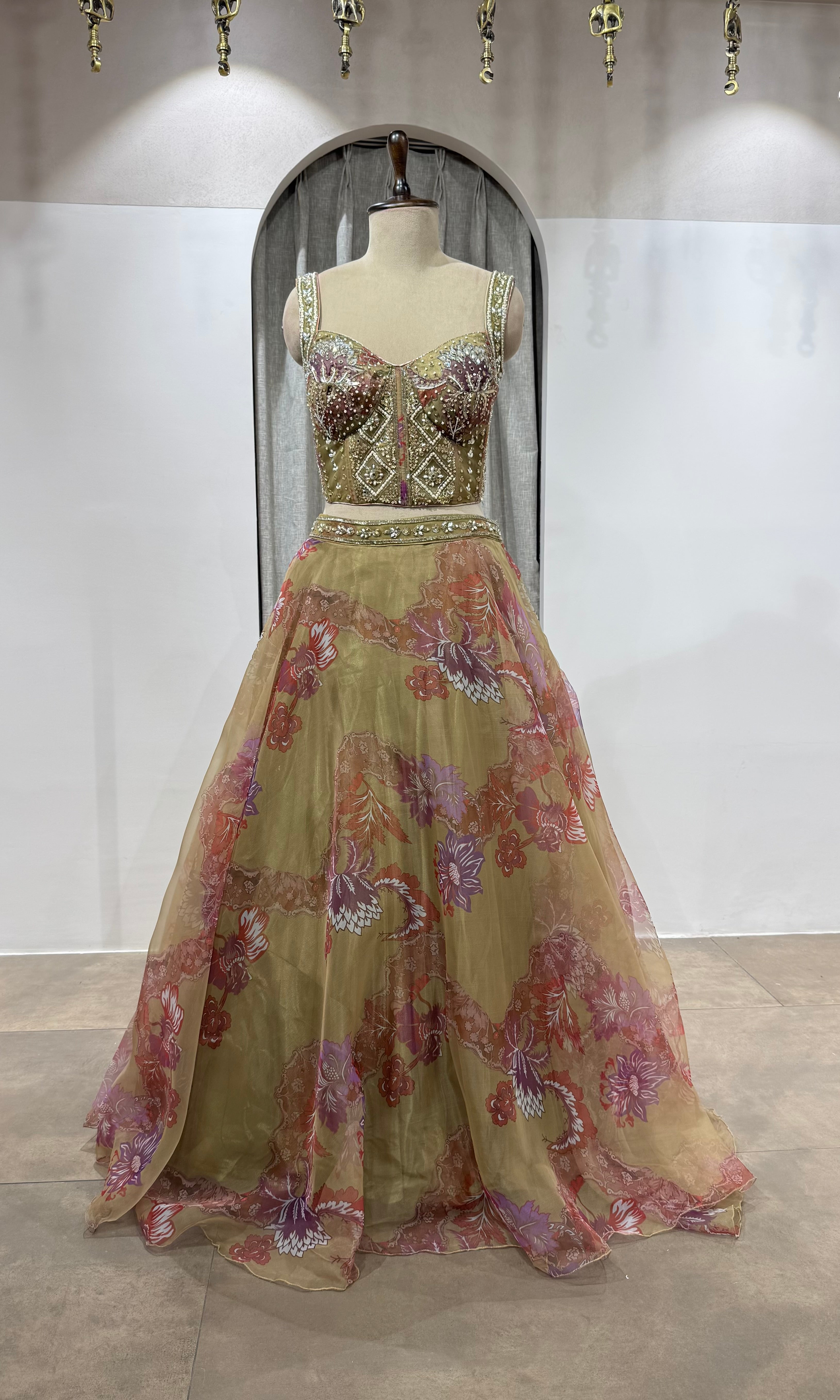 GREEN Floral Printed Corset Lehenga