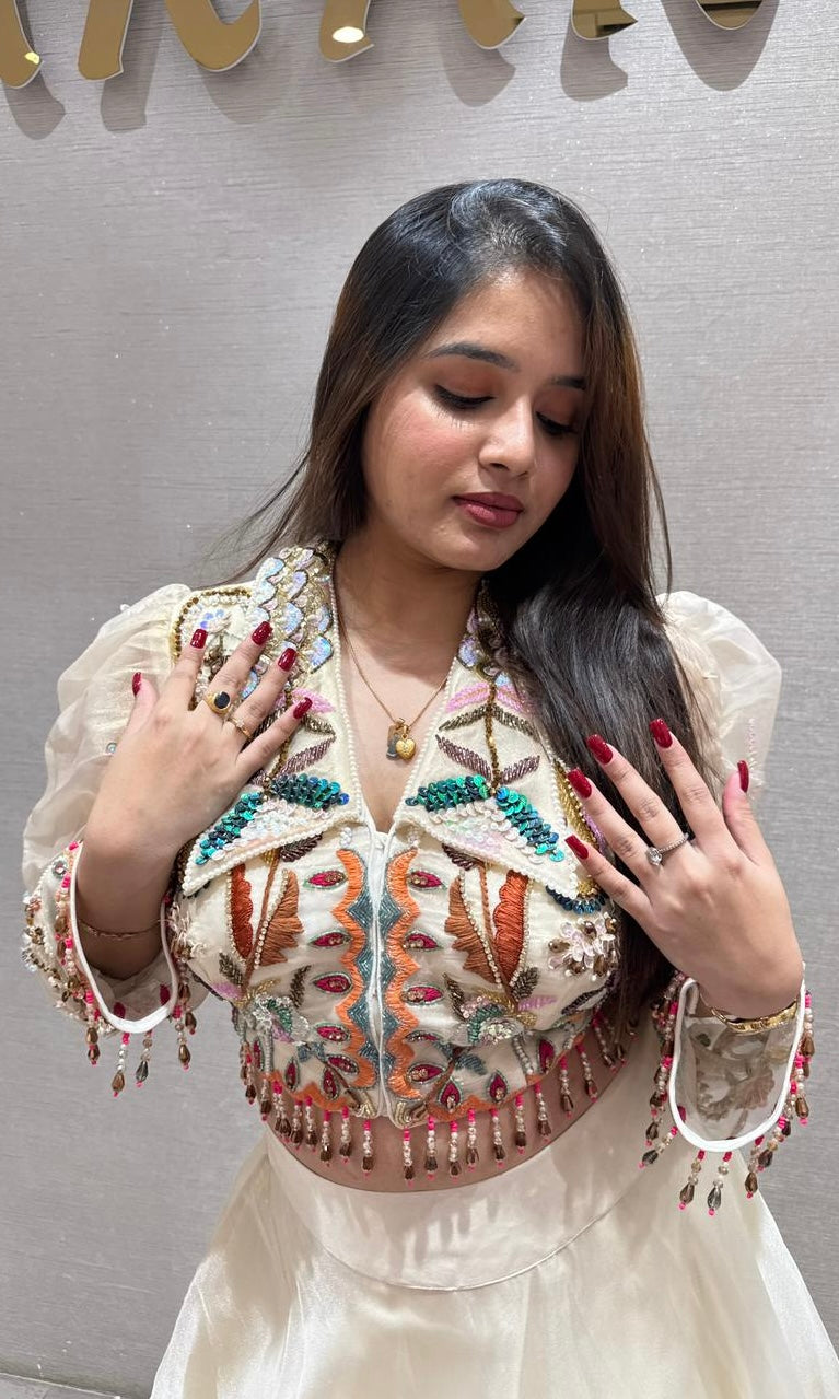 Pearl white cream gold lehenga designer blouse