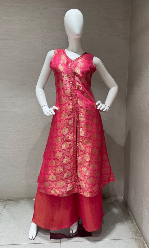 pink and Gold Banarasi Silk Anarkali Set with Dupatta