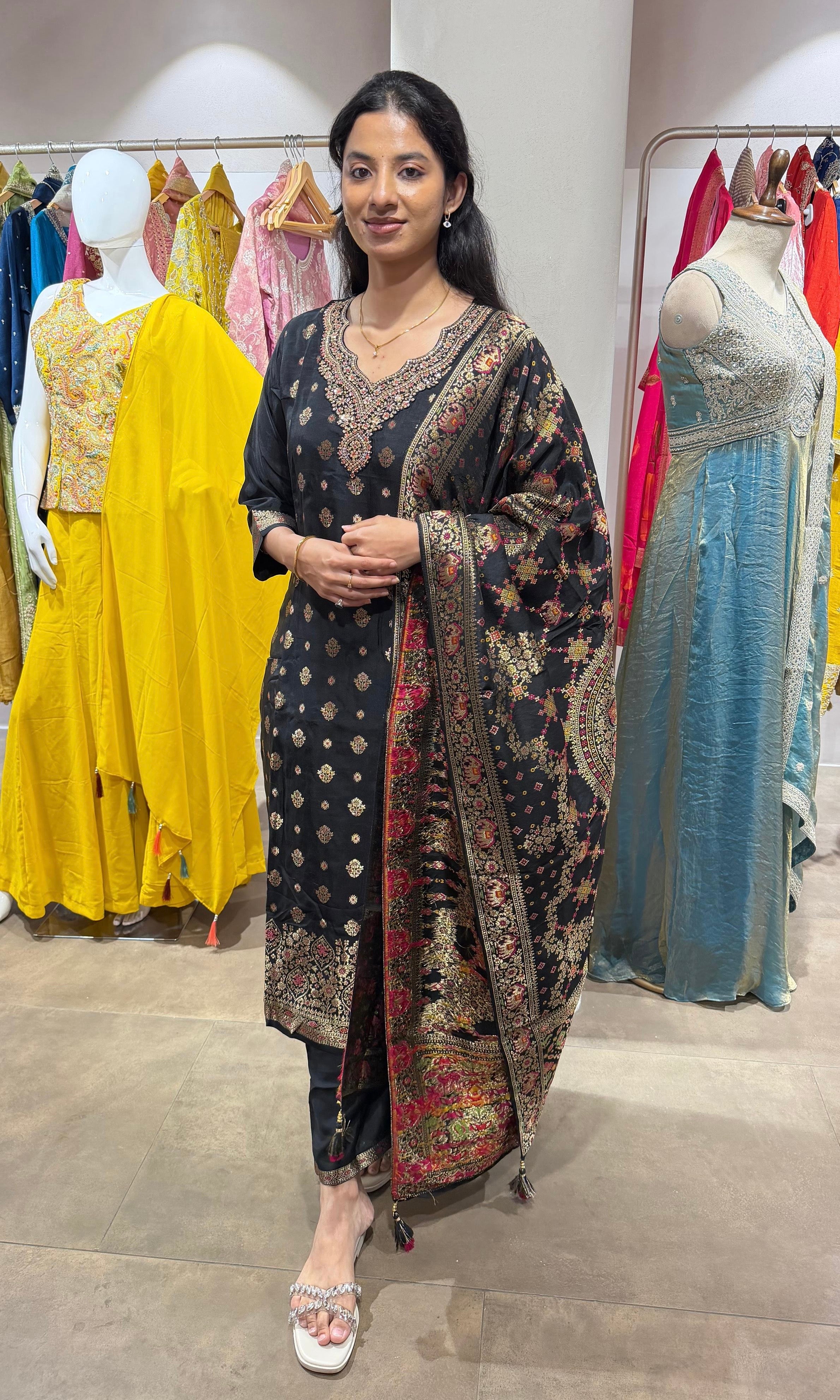 Black Banarasi Kurta Set with Buti Dupatta