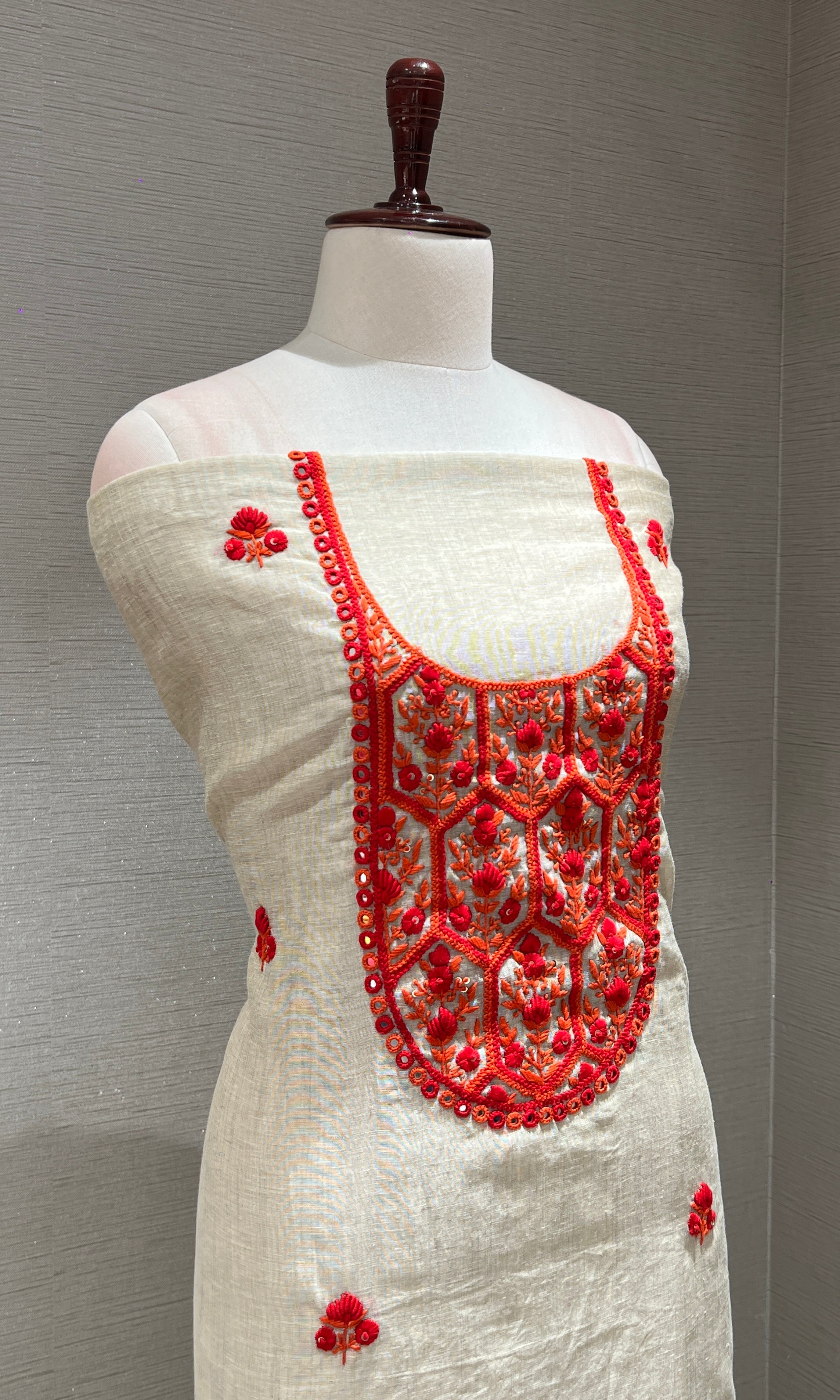 RED FLORAL EMBROIDERED DRESS MATERIAL