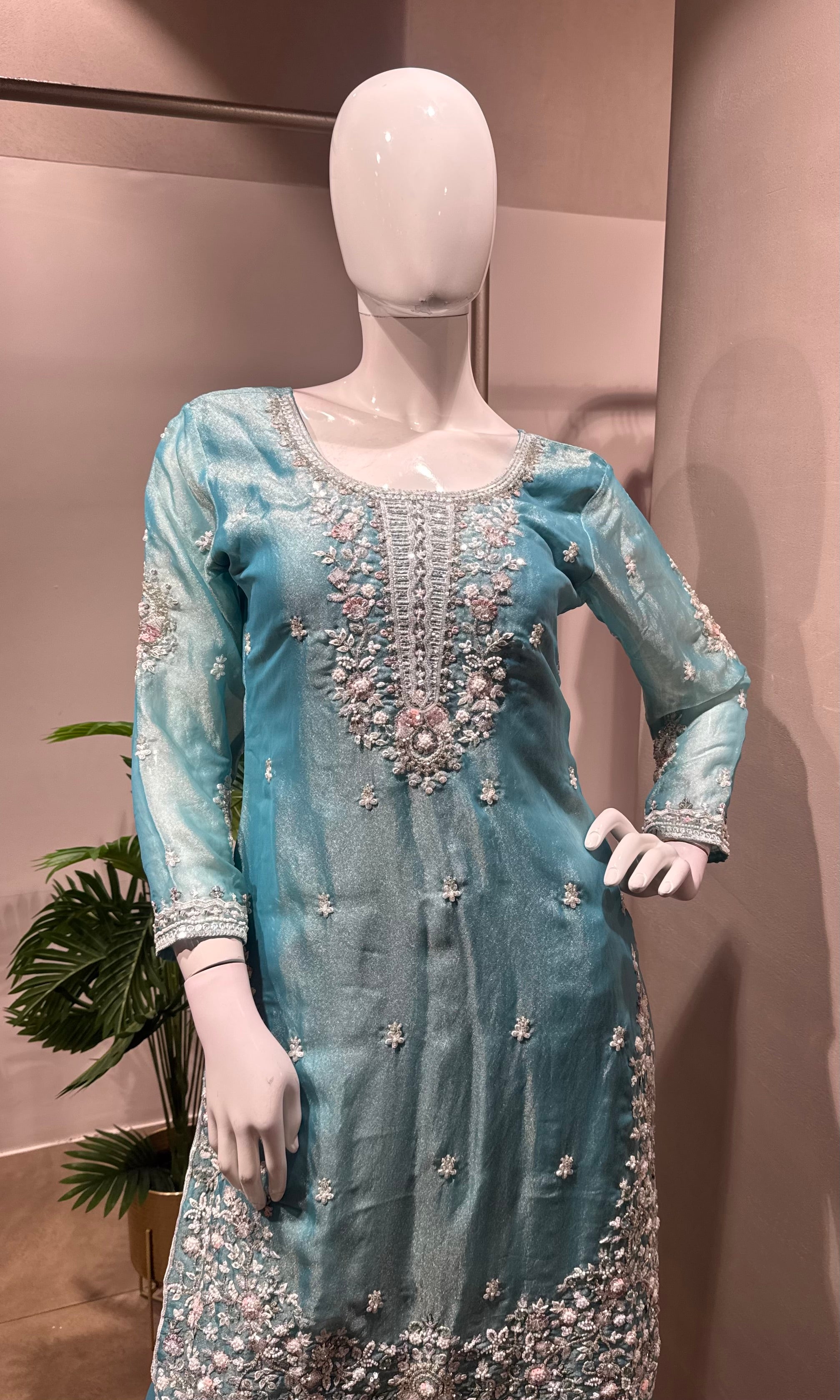 Sky Blue Embroidered Silk Palazzo set