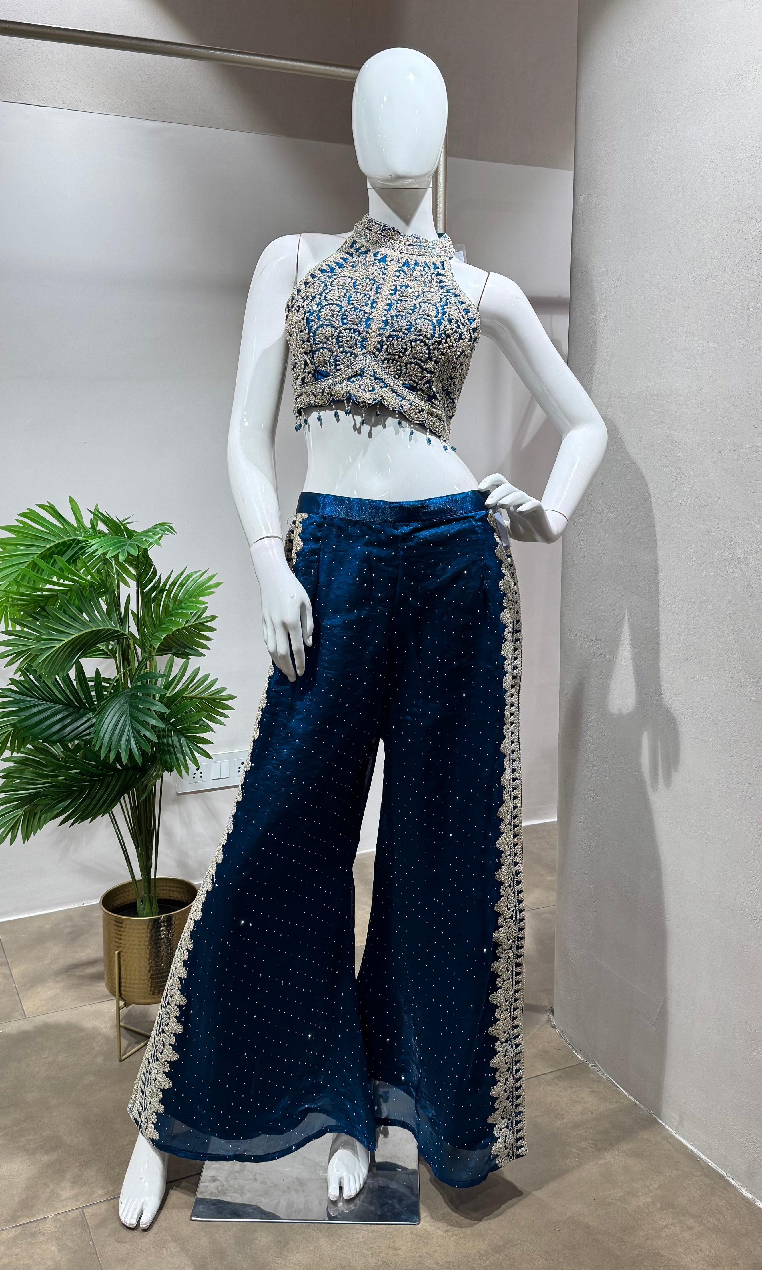 BLUE EMBROIDERED HALTER CROP TOP PALAZZO SET