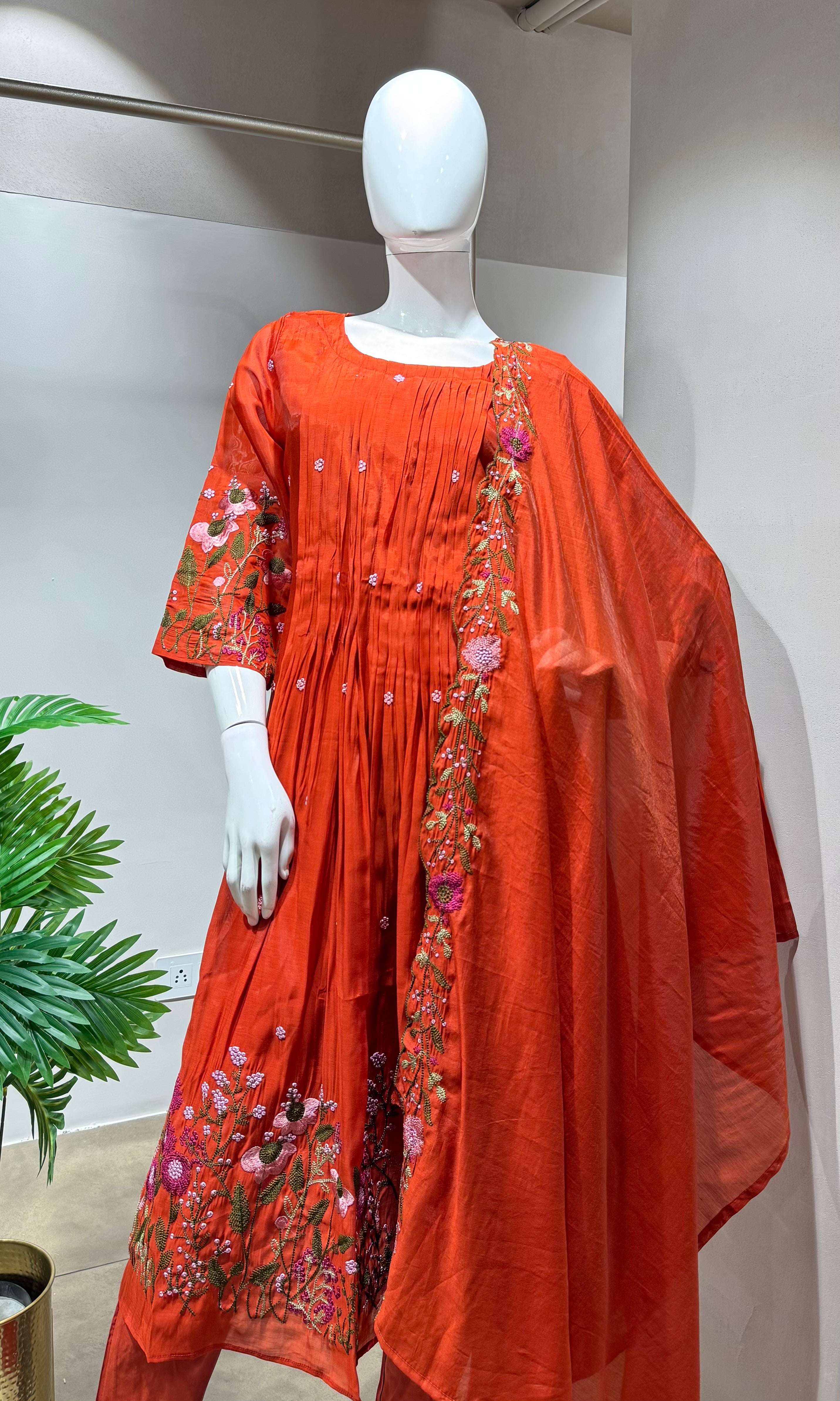 Rust mul chanderi floral embroidery kurta set