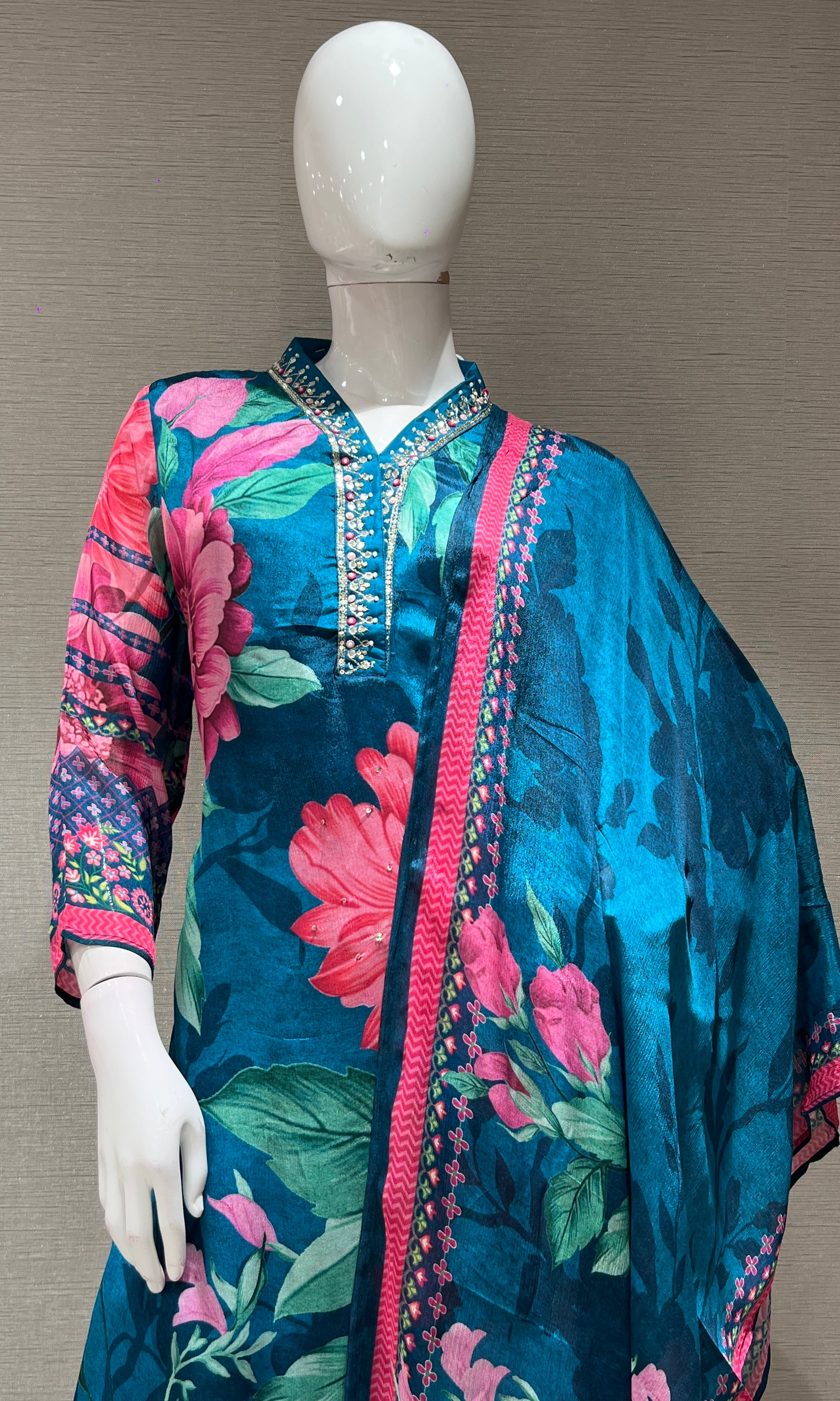 Rama blue floral kurta set