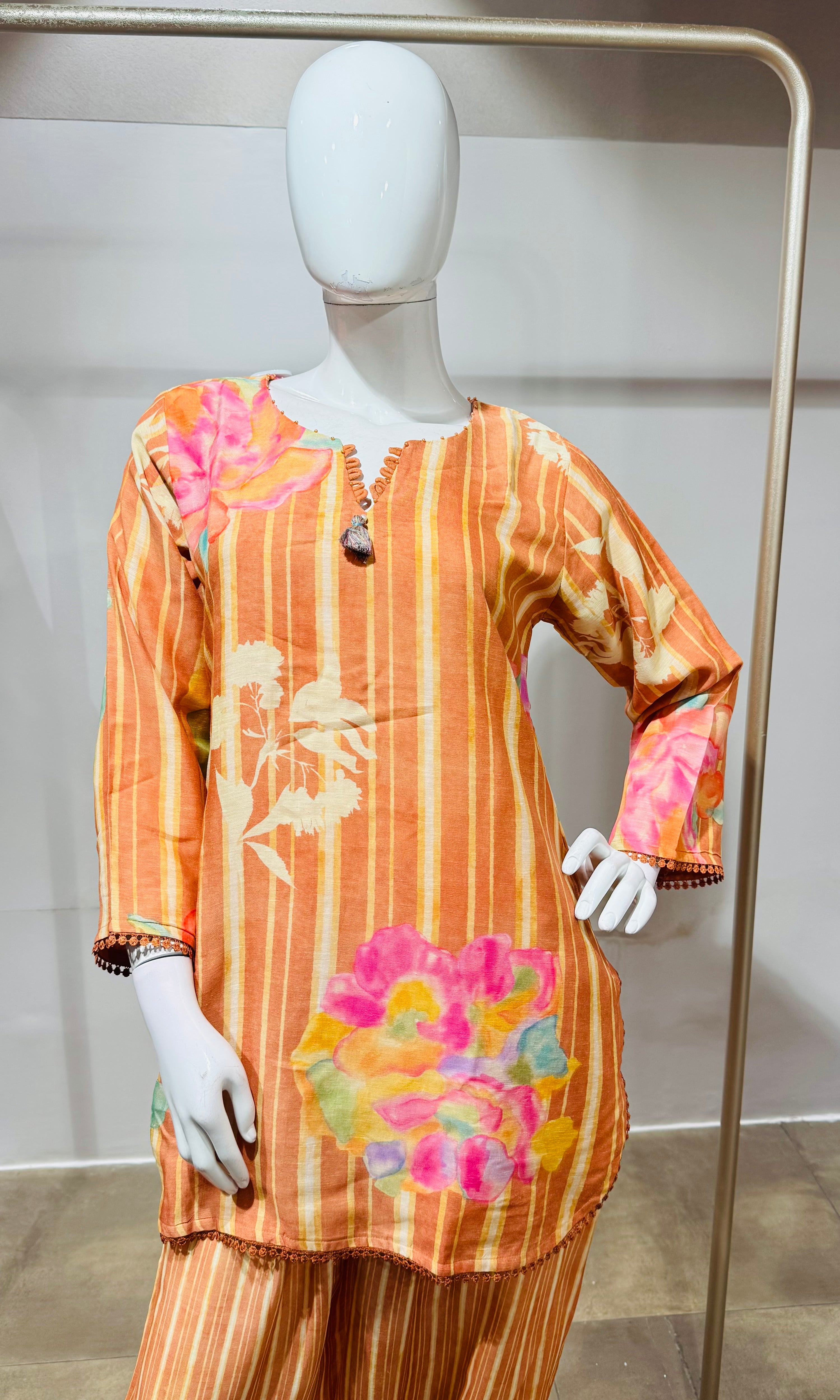 Orange Floral Printed Farsi salwar