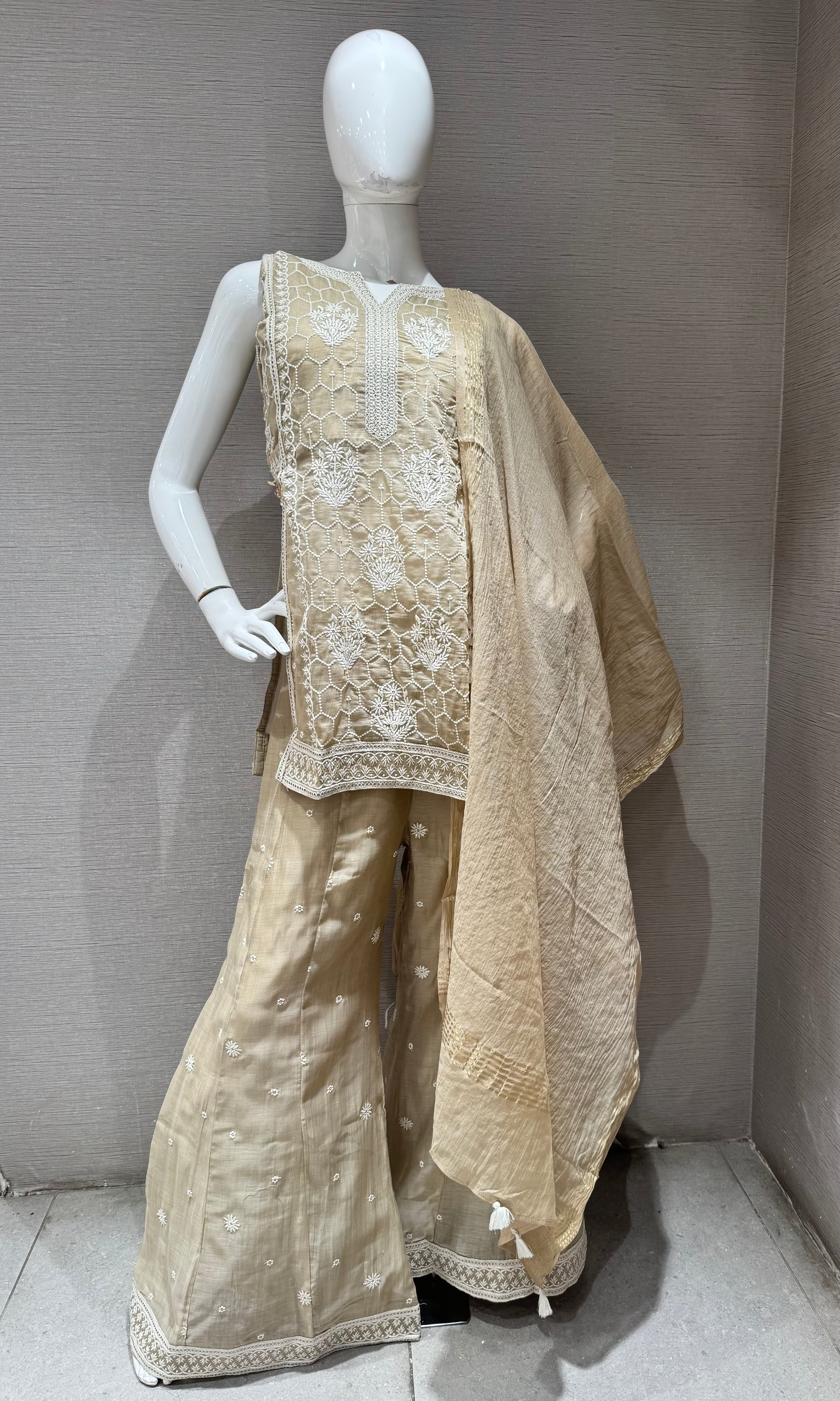 Beige Floral Embroidered palazzo set