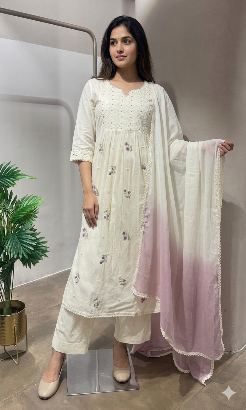 WHITE LAVENDER FLORAL EMBROIDERY KURTA SET