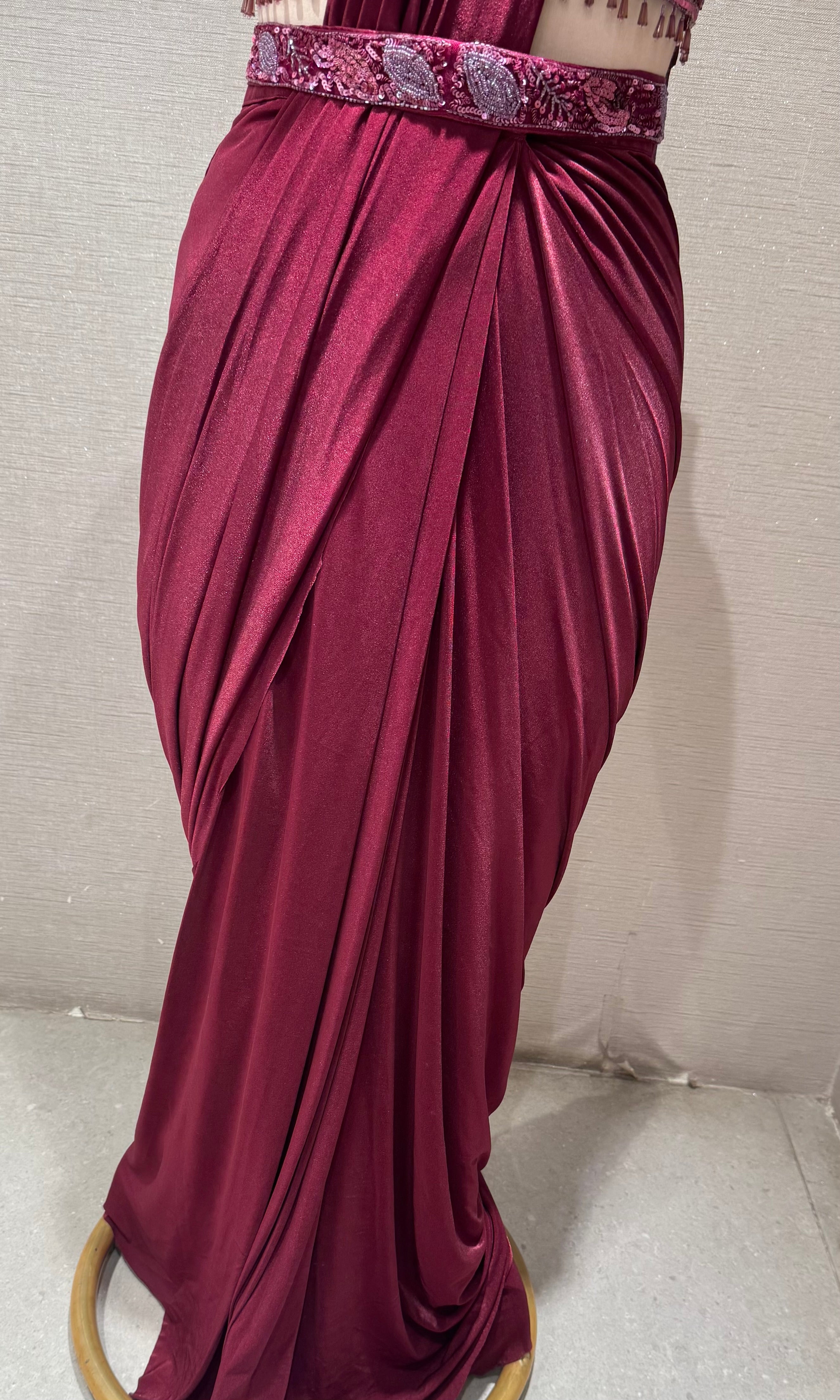 Wine Draped Saree with ethnic blouse and belt