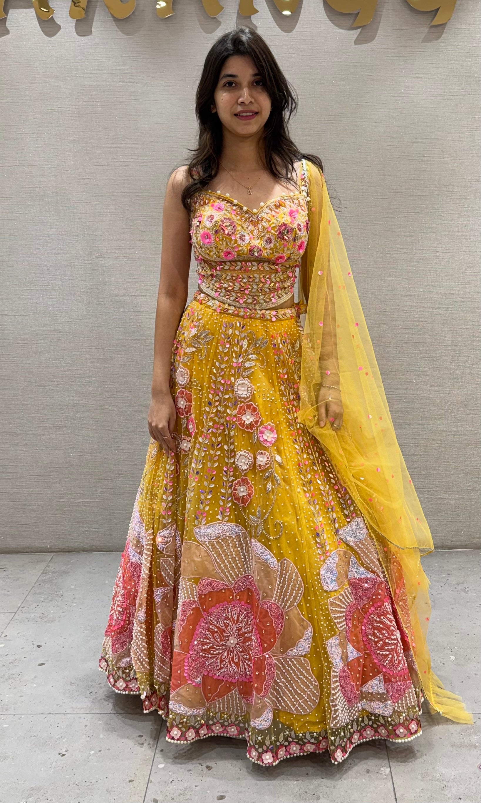 Lemon Yellow Organza Printed Lehenga set