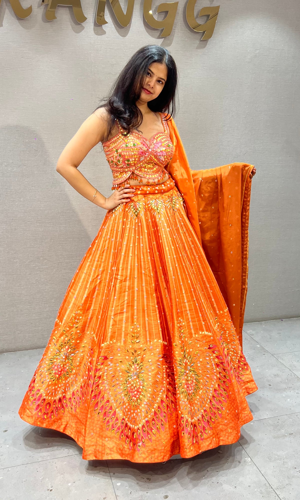 Orange Embroidered Organza Lehenga Choli Set
