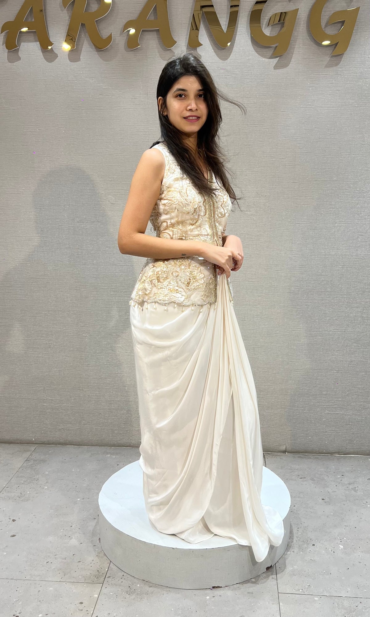 White Georgette Gold Embroidered Jacket with Draped Skirt