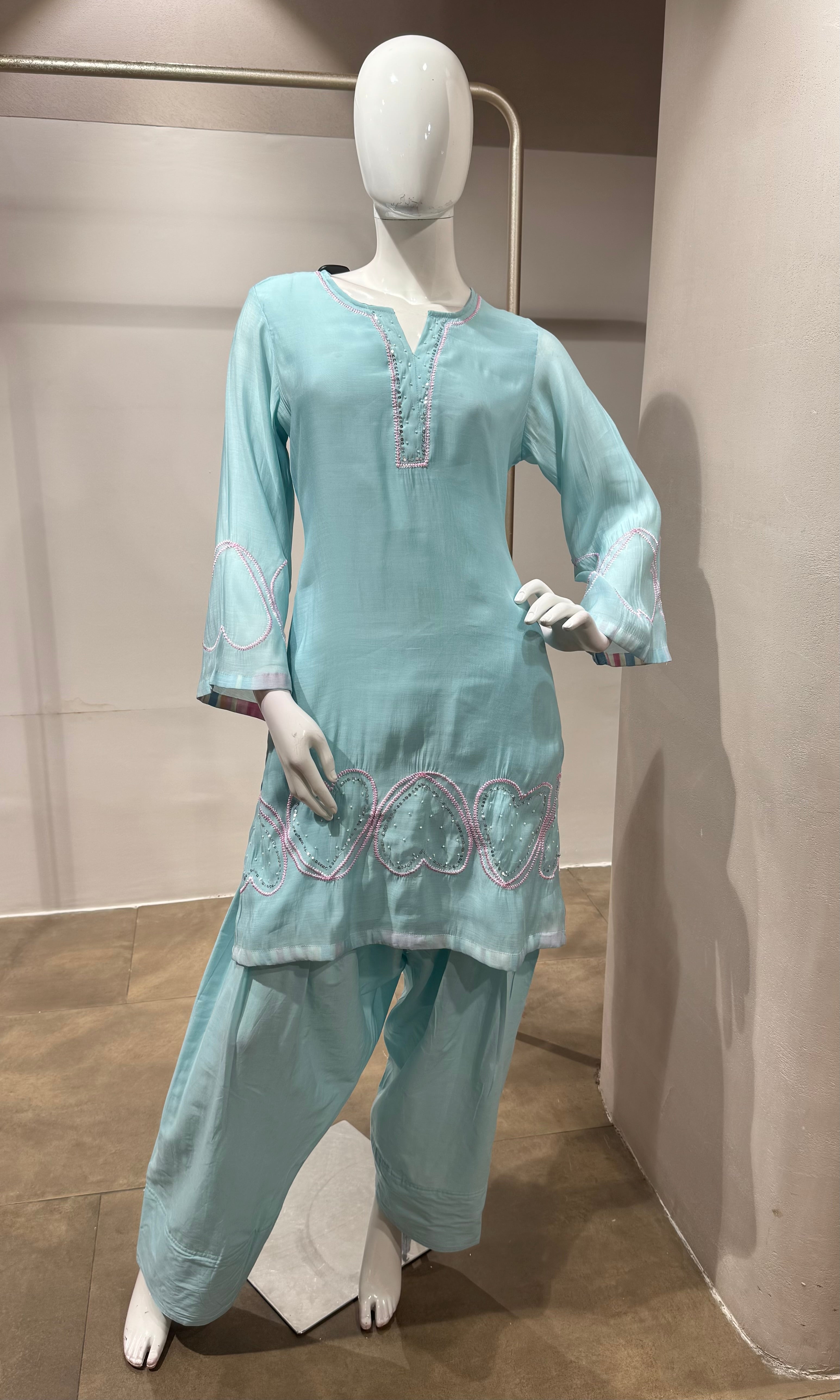 Sky Blue Kurta Suit with Multicolor Dupatta