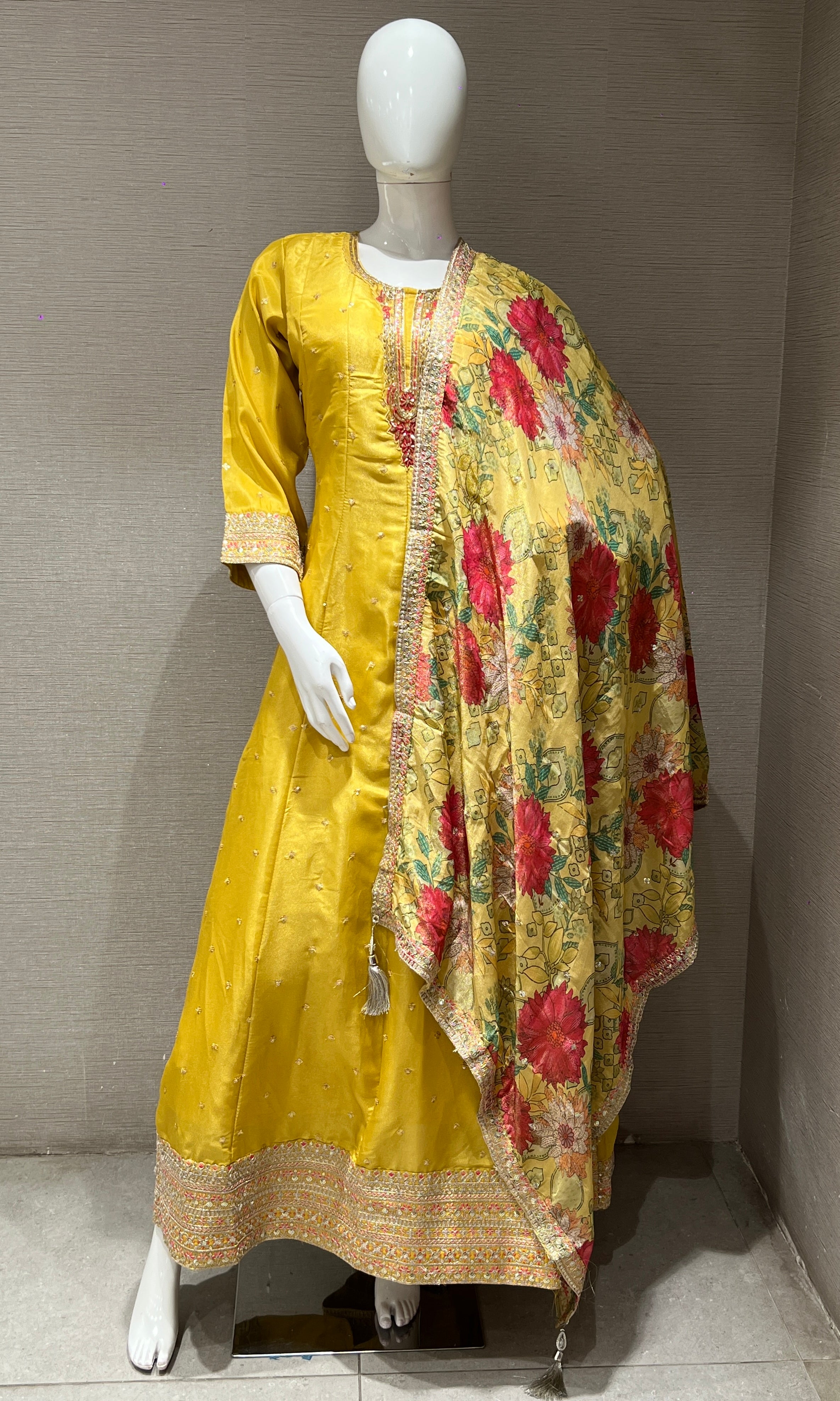 Yellow Long Dress with Floral Dupatta