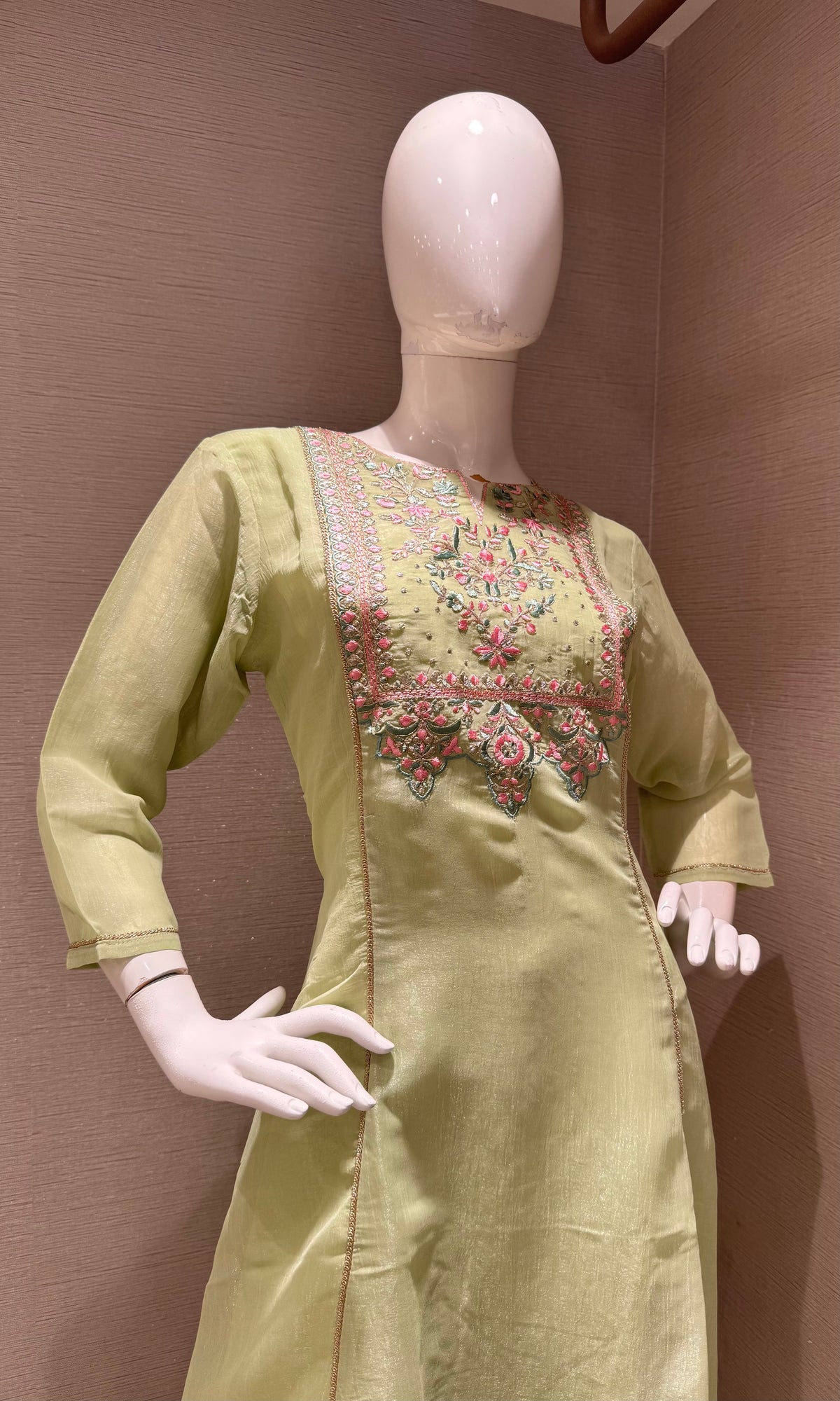 Pastel Green Floral Embroidered A-Line Kurta top