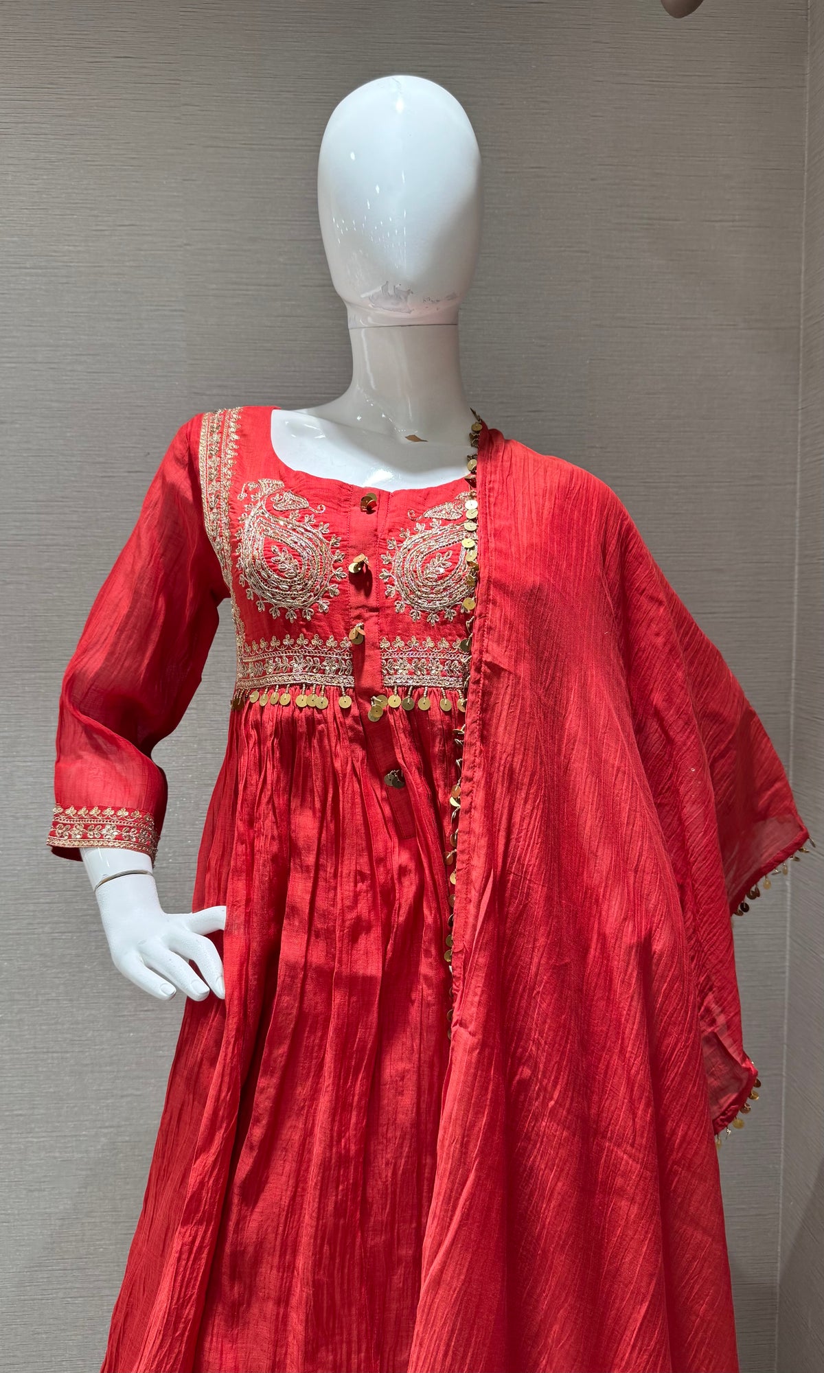 RUST COTTON ETHNIC A LINE KURTA SET WITH DUPATTA