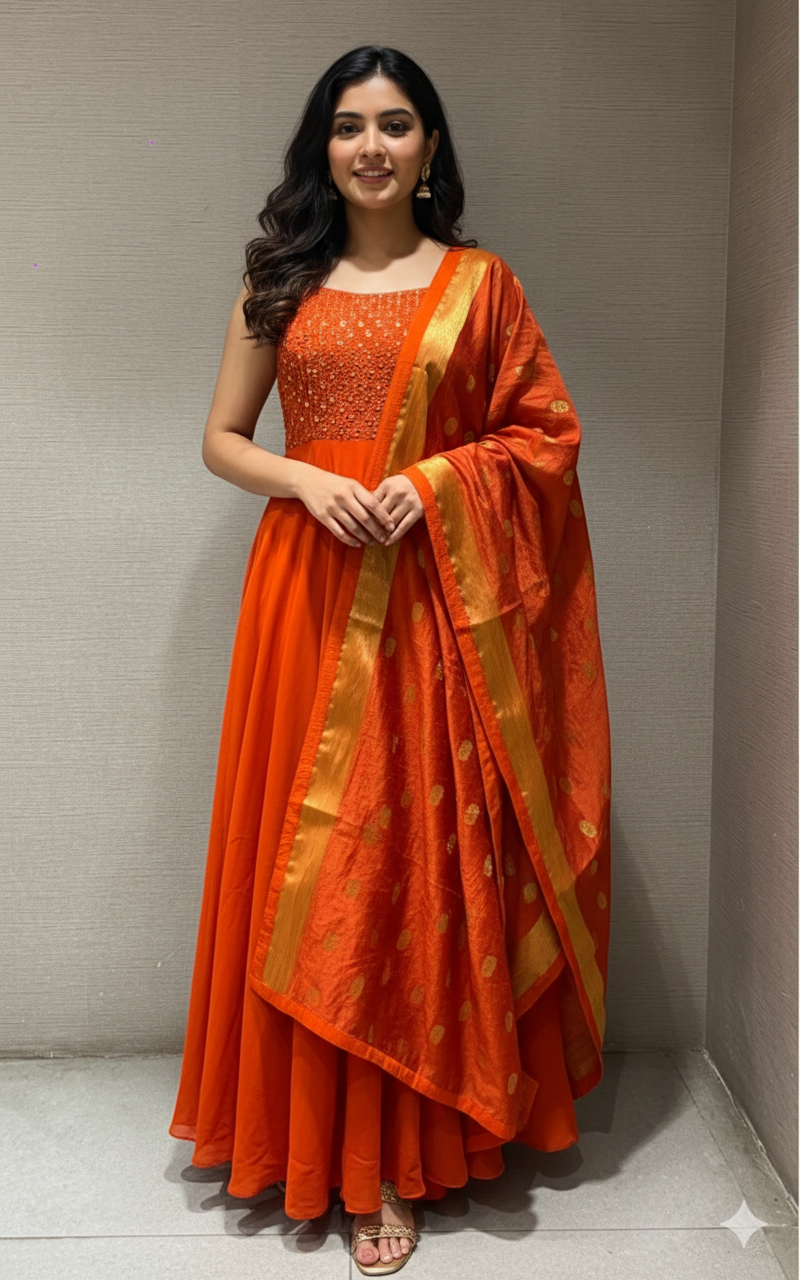 Orange EMBELLISHED ANARKALI LONG DRESS