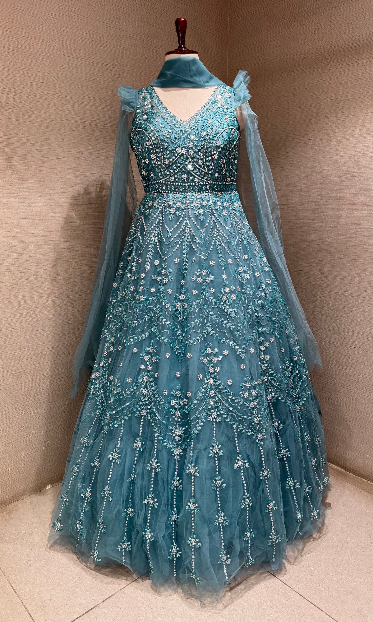 Sage Green Floral Embellished Tulle Ball Gown