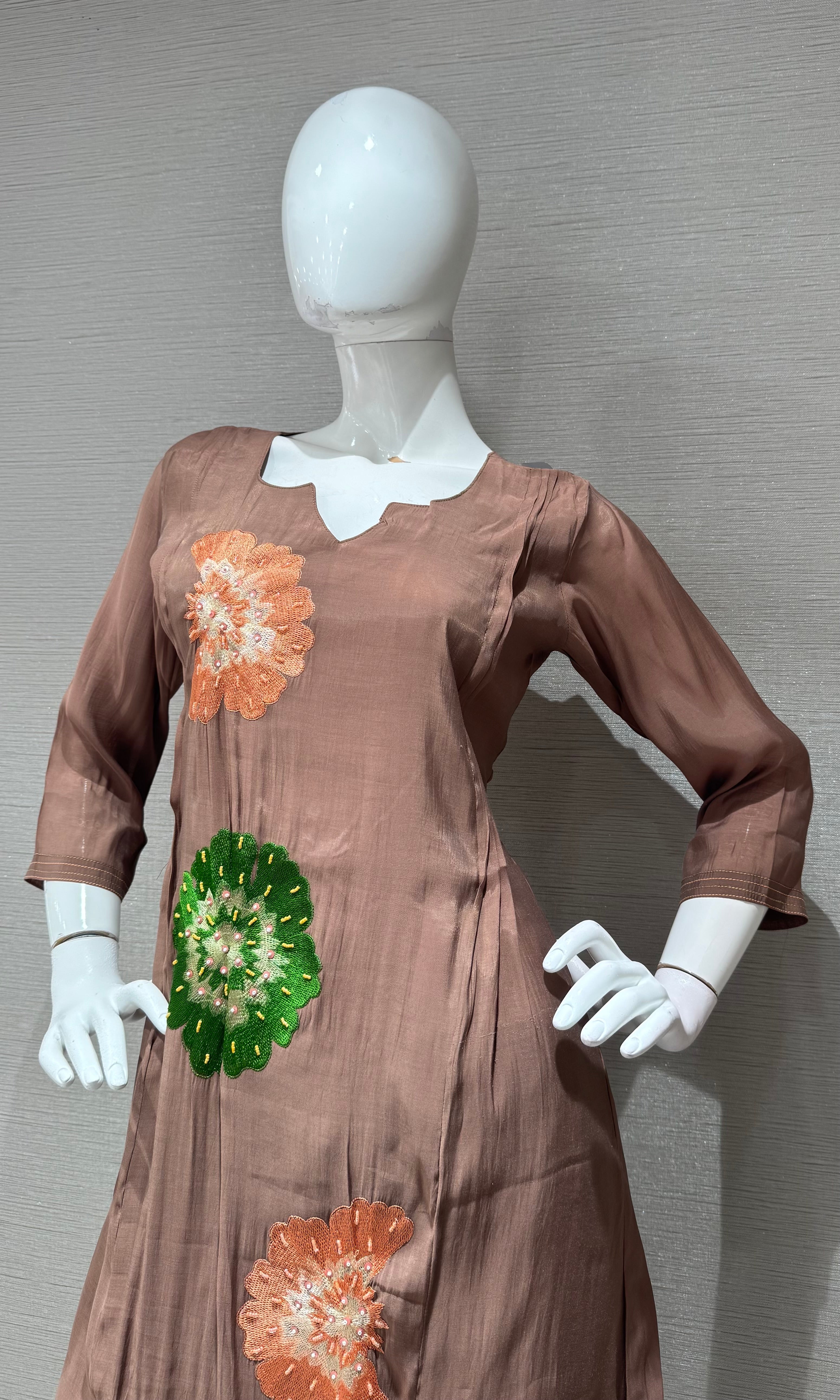 Light Brown cotton silk Floral Motif Kurta set with dupatta