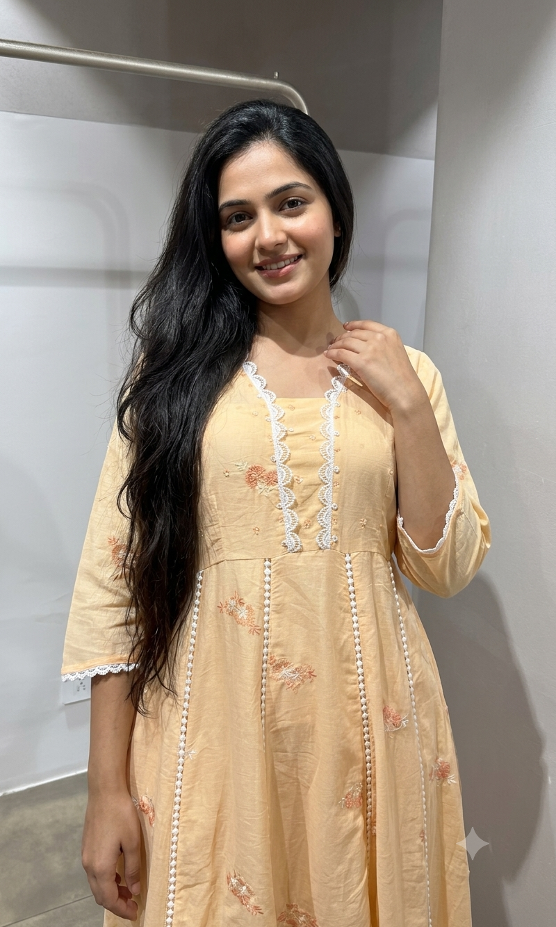 Peach Floral embroidered a line set