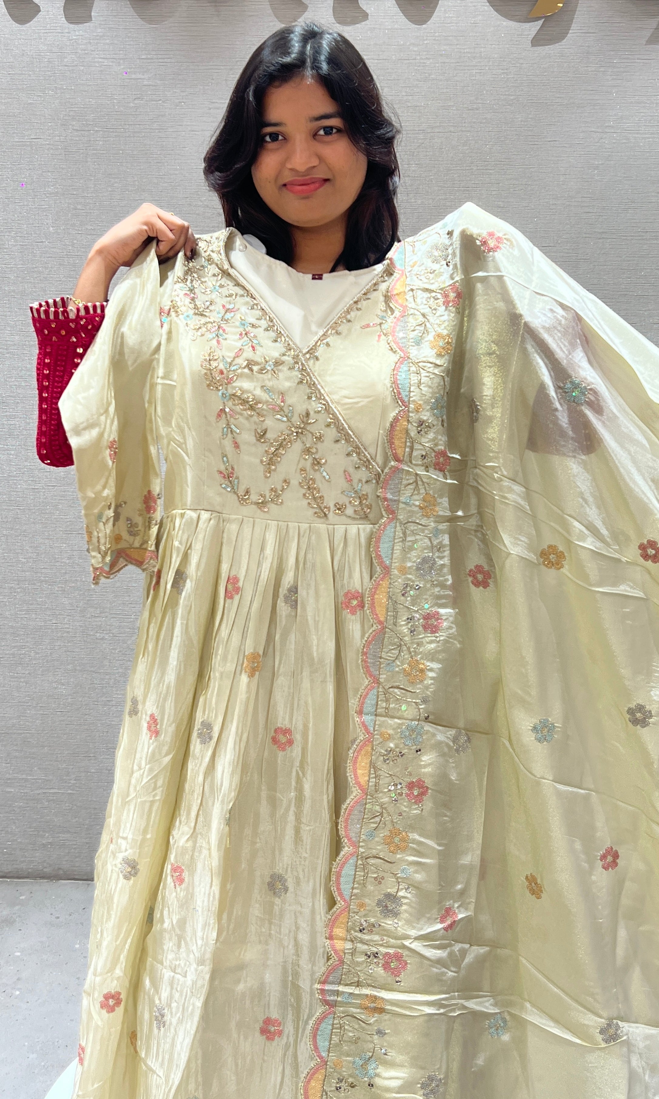 Cream Floral Dream Long Anarkali Gown