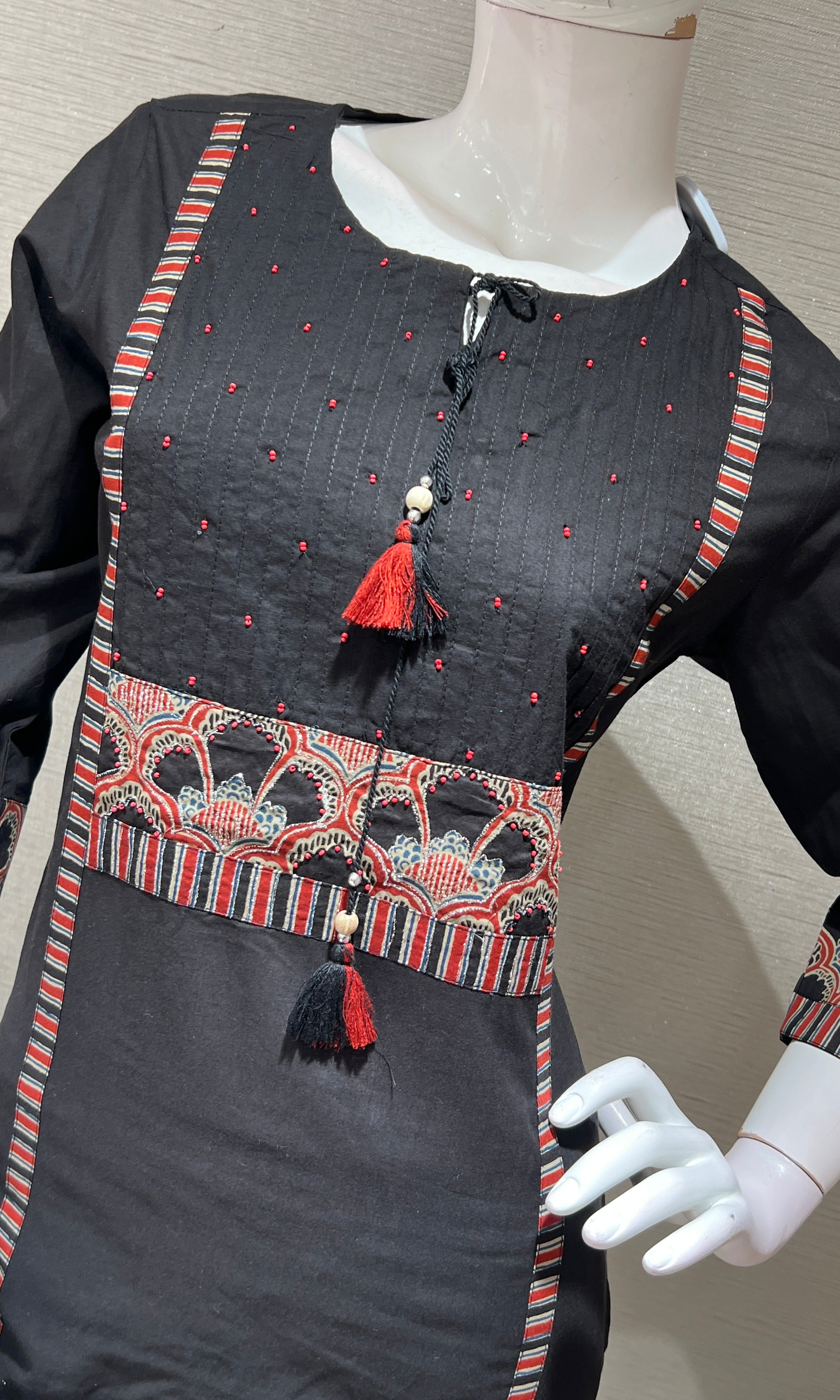 Black A LINE EMBROIDERED KURTA SET