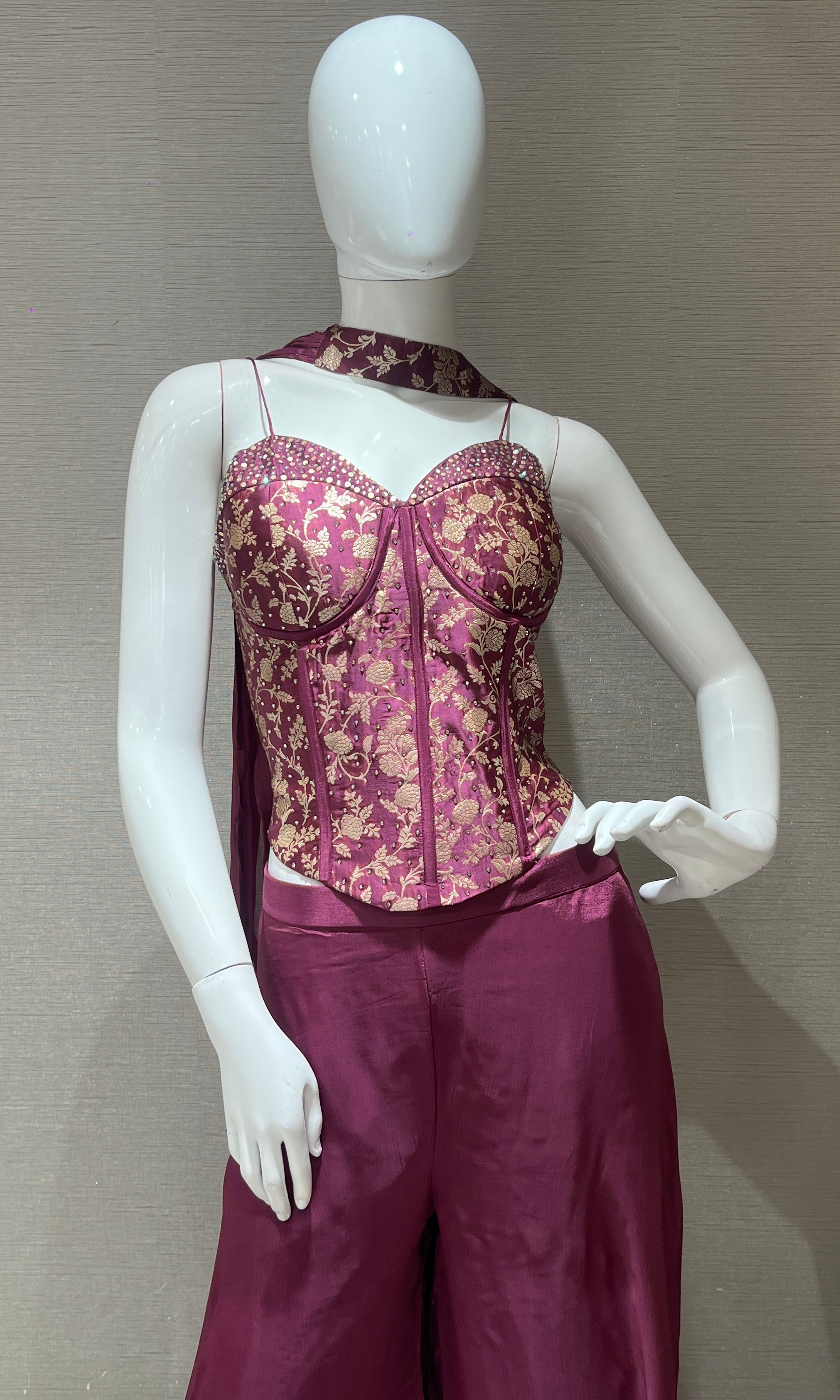 Wine Embroidered Corset Palazzo