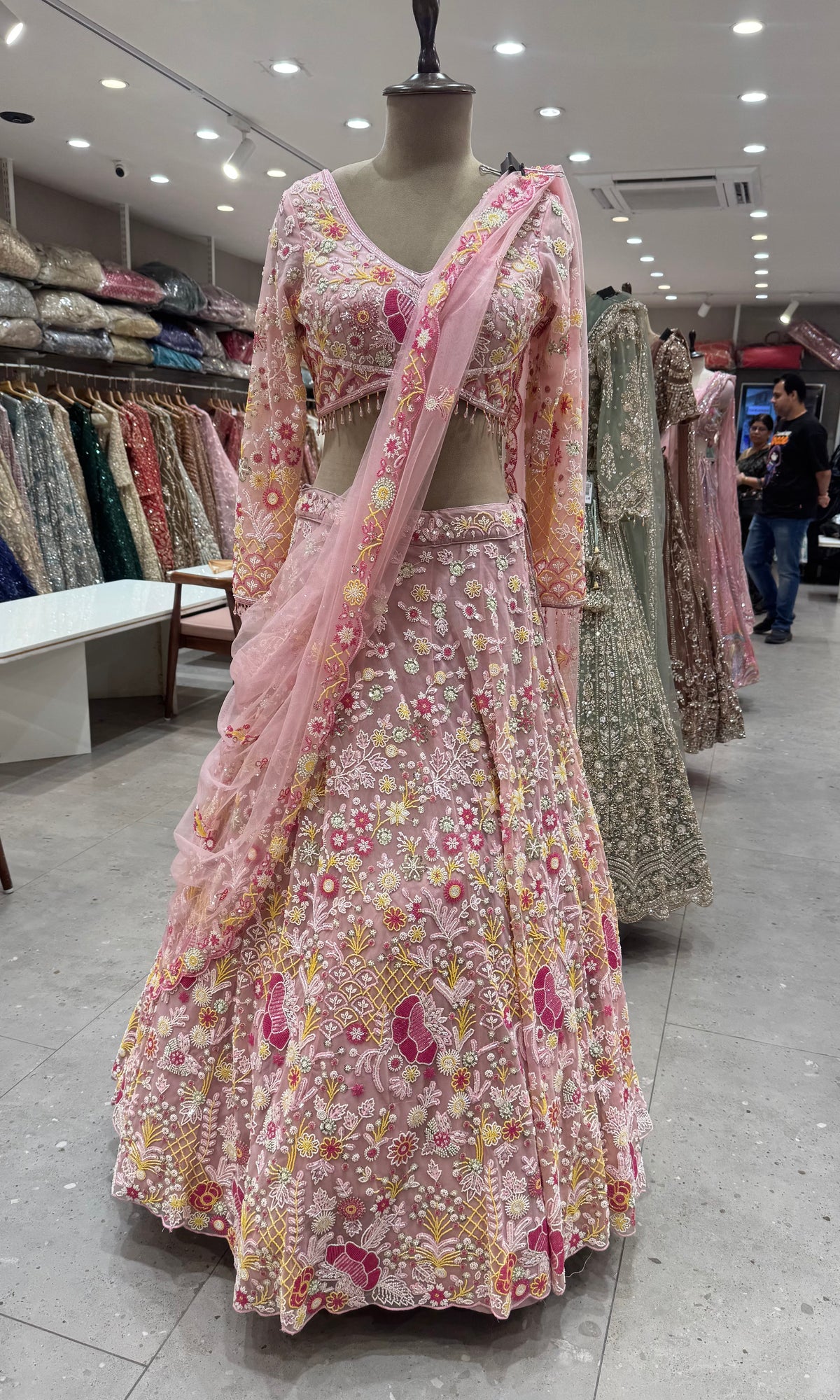 Blush Pink Floral Multicolor Threadwork Embroidered Lehenga set