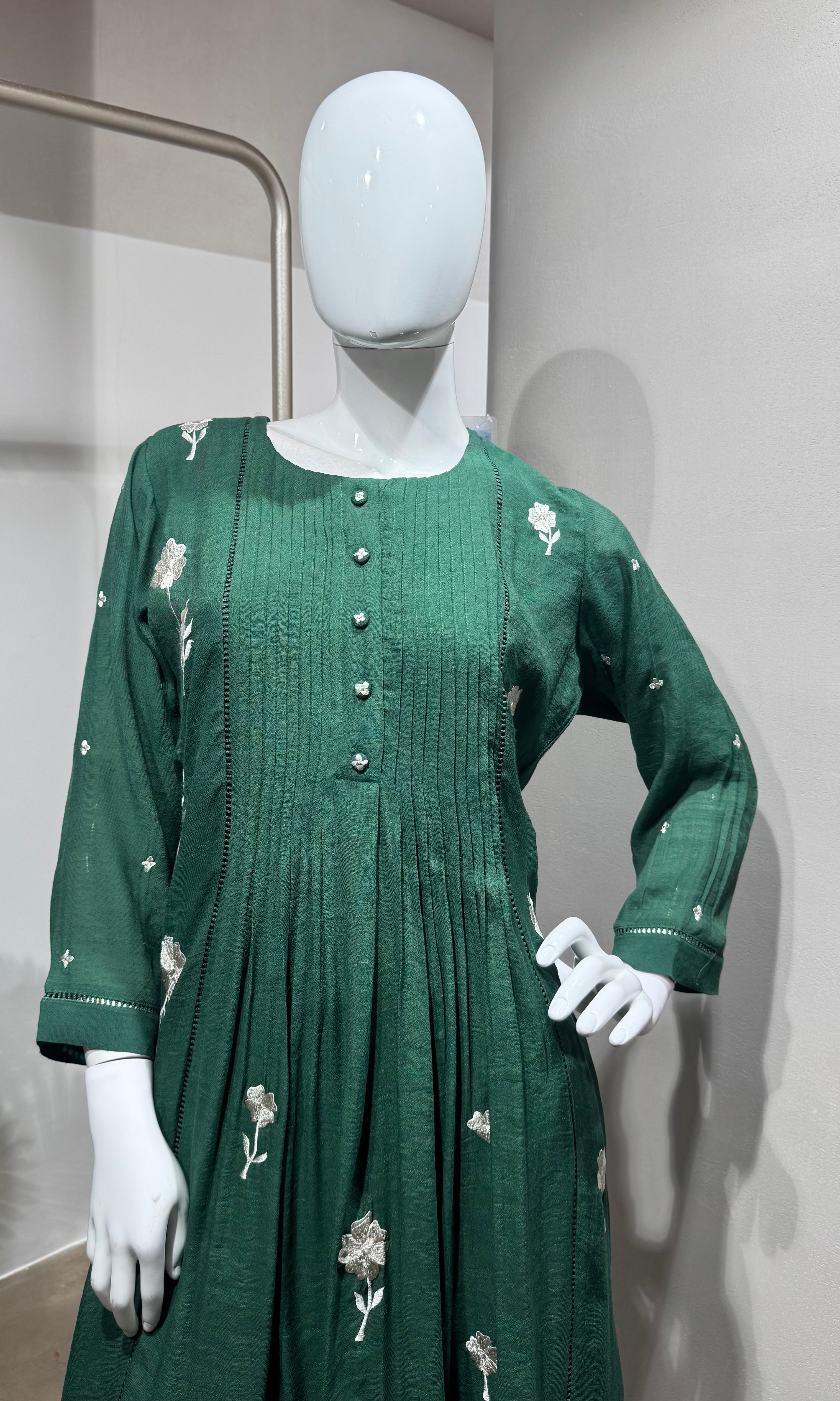 Green Linen Georgette Frock Style Kurti