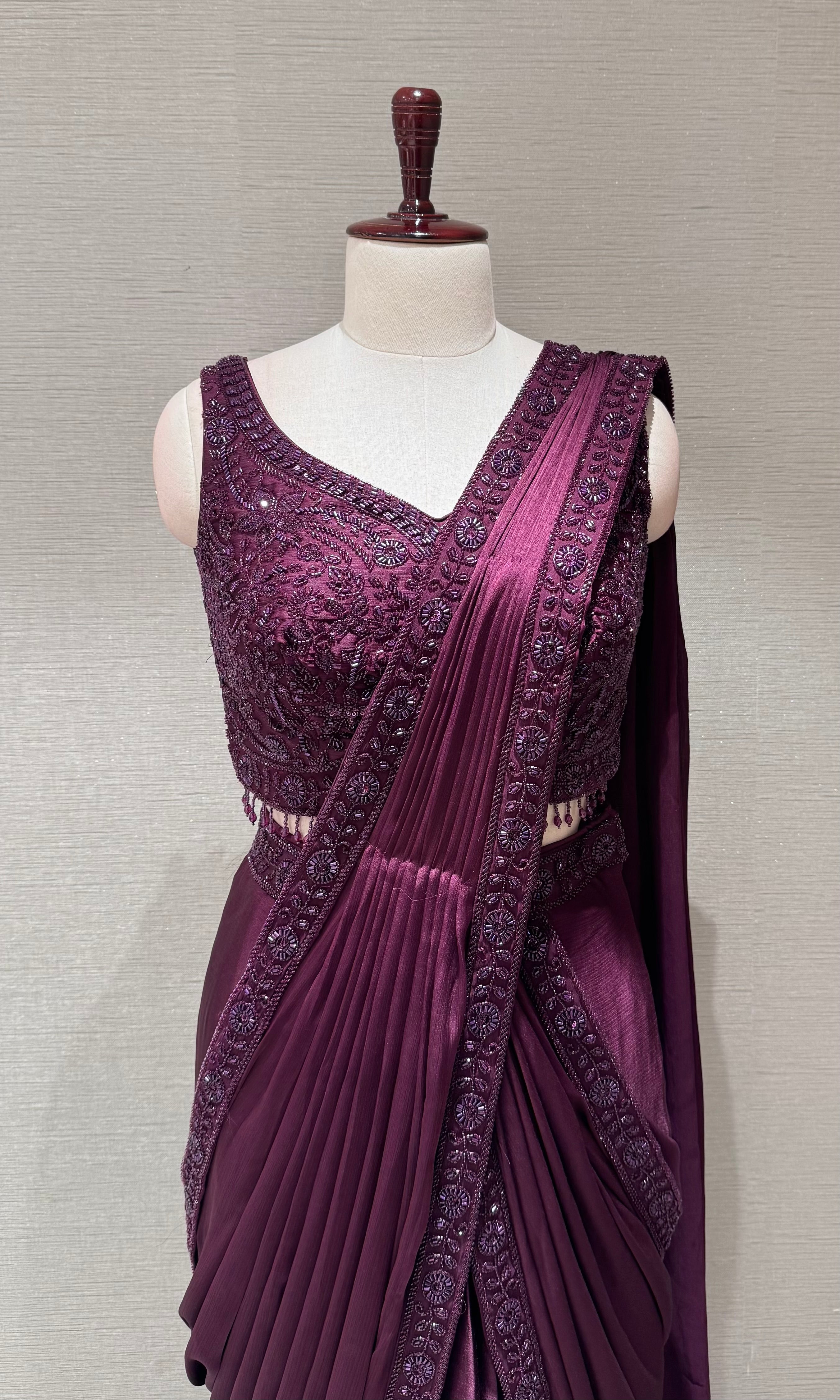Royal Wine Embellished Drapee Saree with blouse