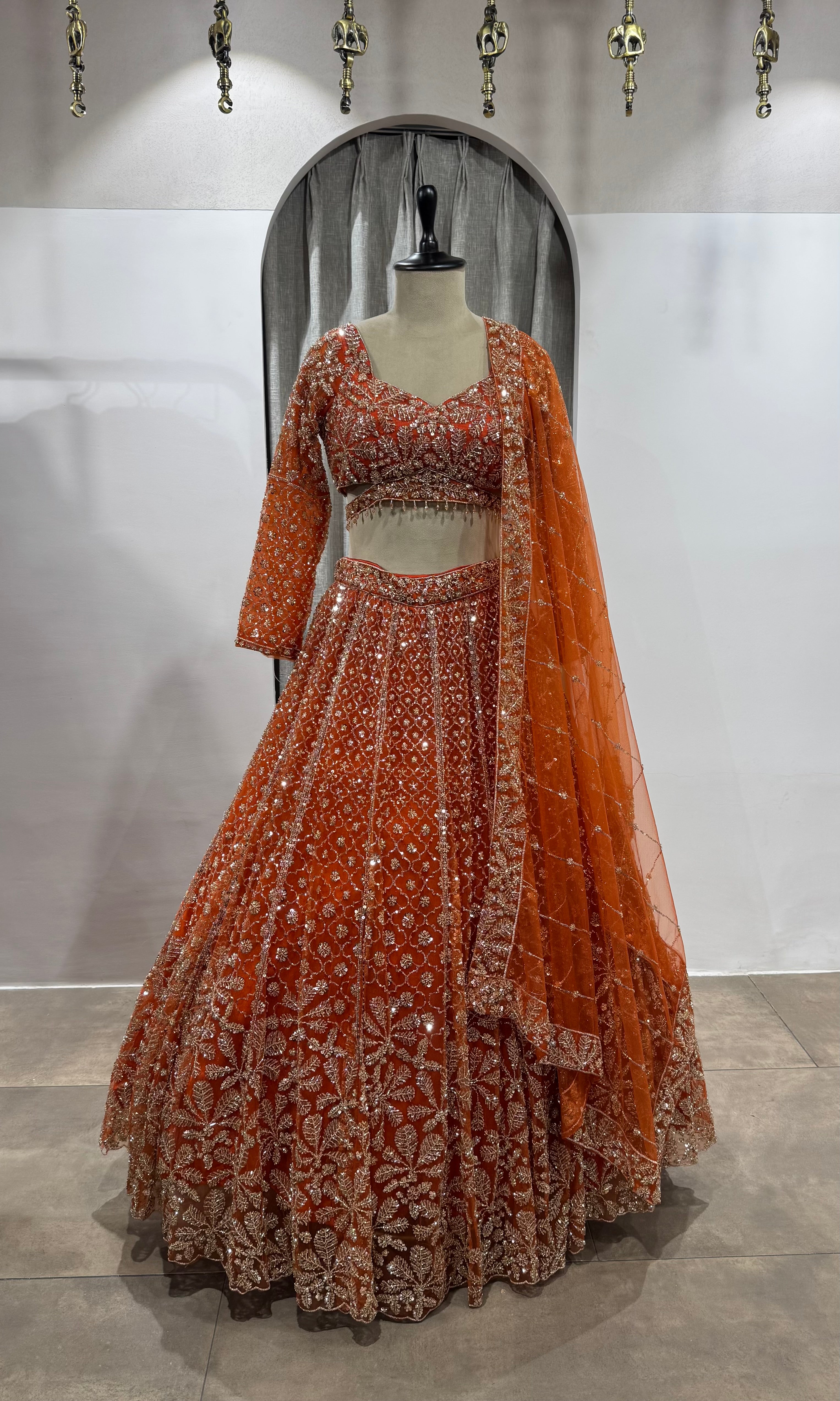 Rust Orange Heavy Embroidered Bridal Lehenga