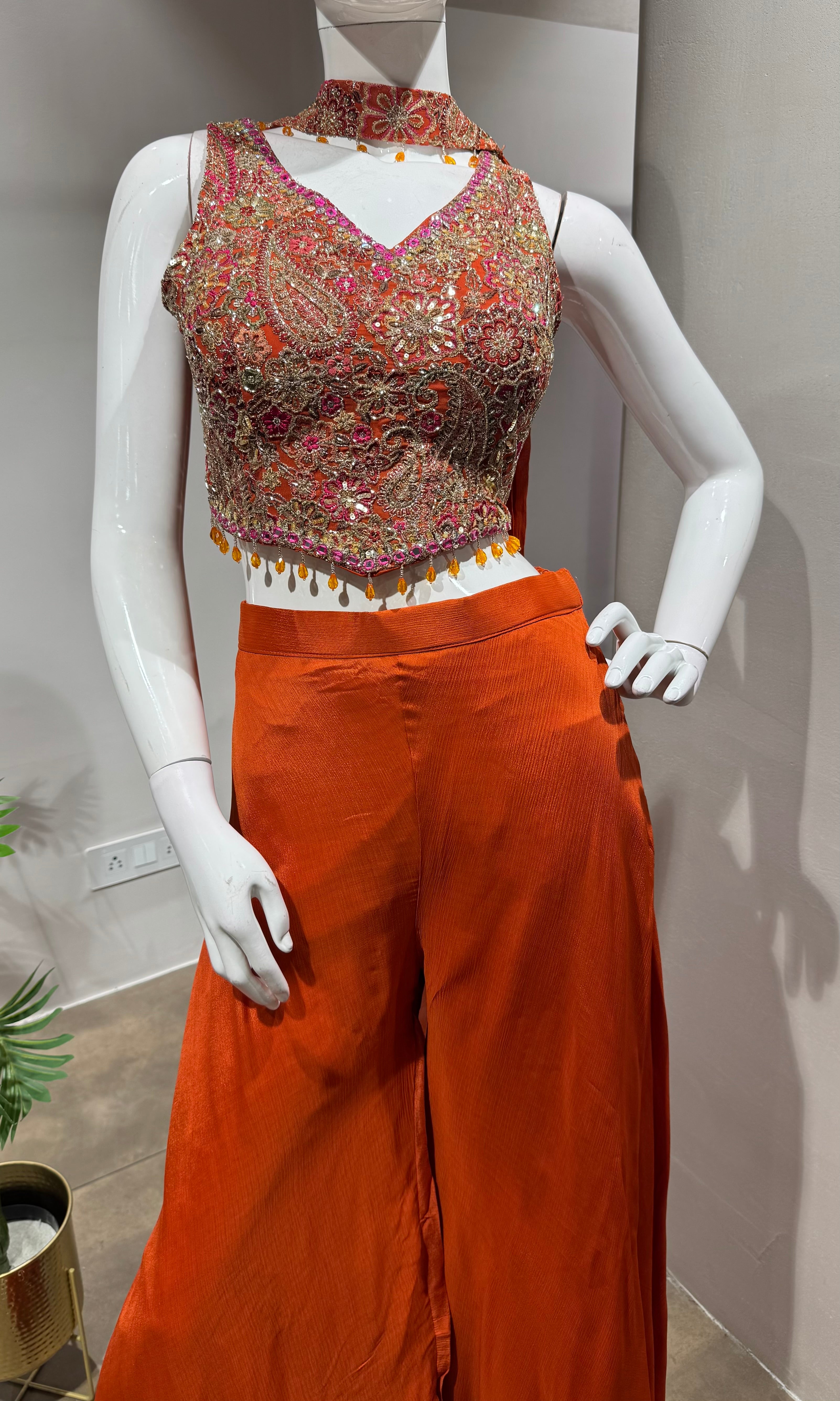 Rust Orange Embroidered Palazzo Set