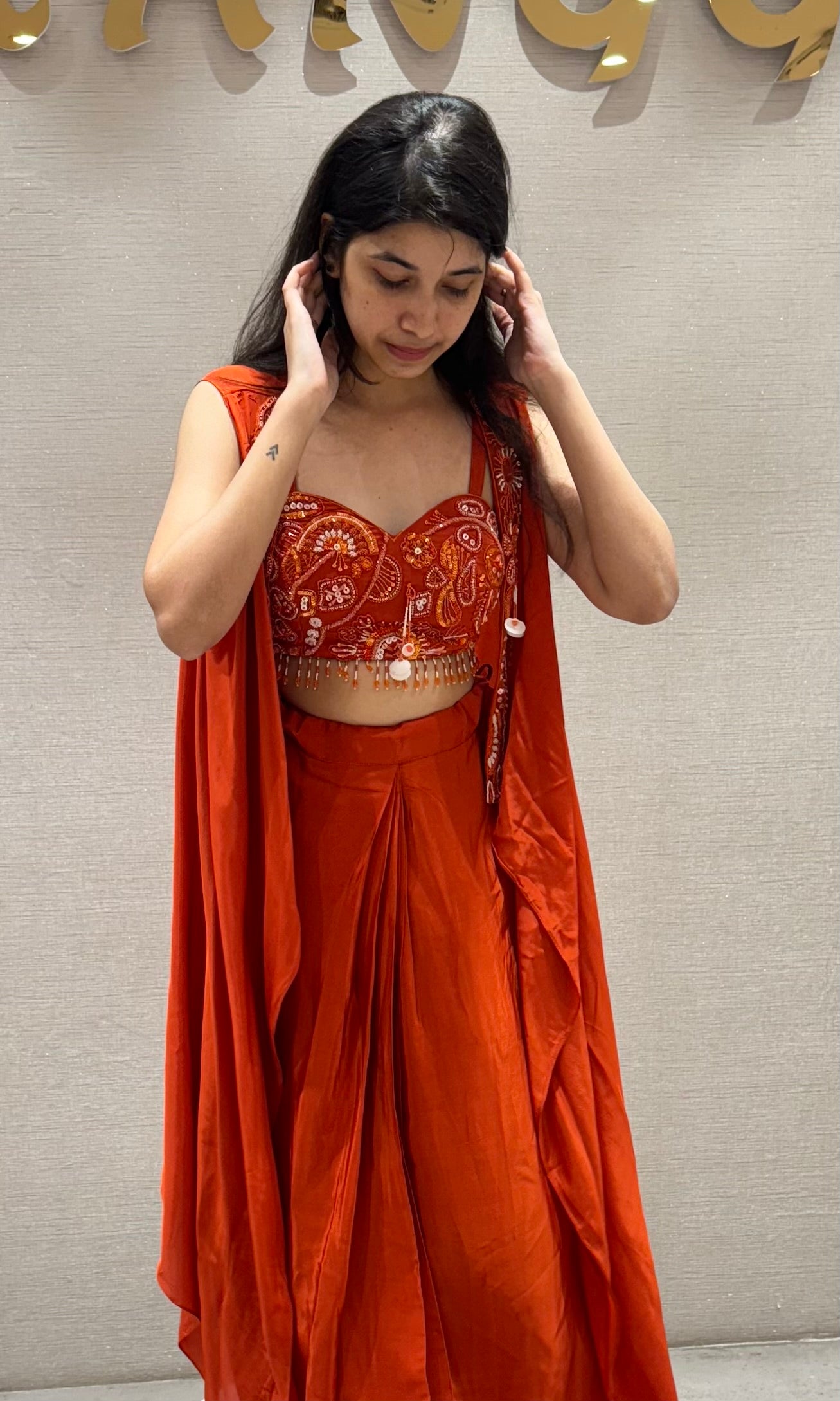 ORANGE SKIRT WITH CORSET BLOUSE AND CAPE