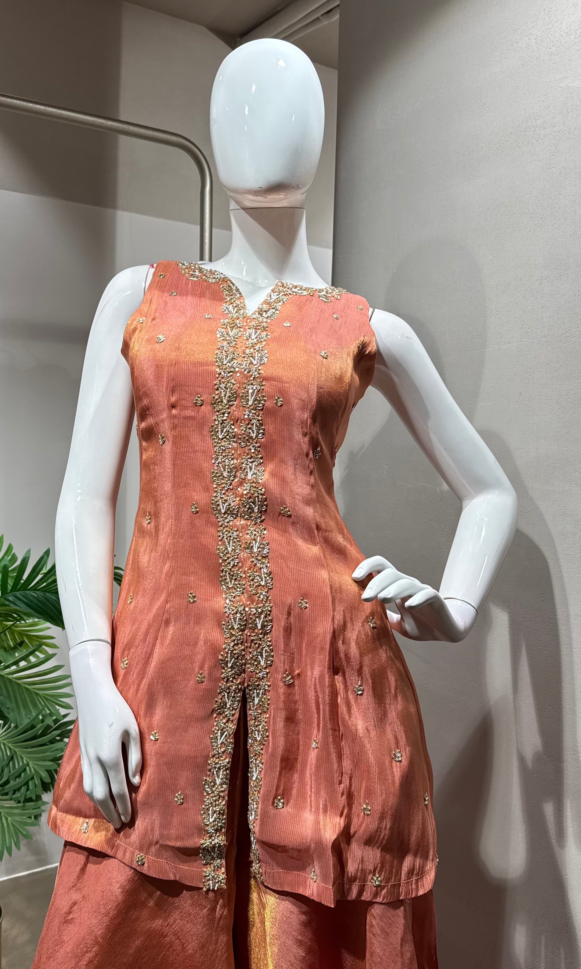 Peach Golden Tissue peplum palazzo Set