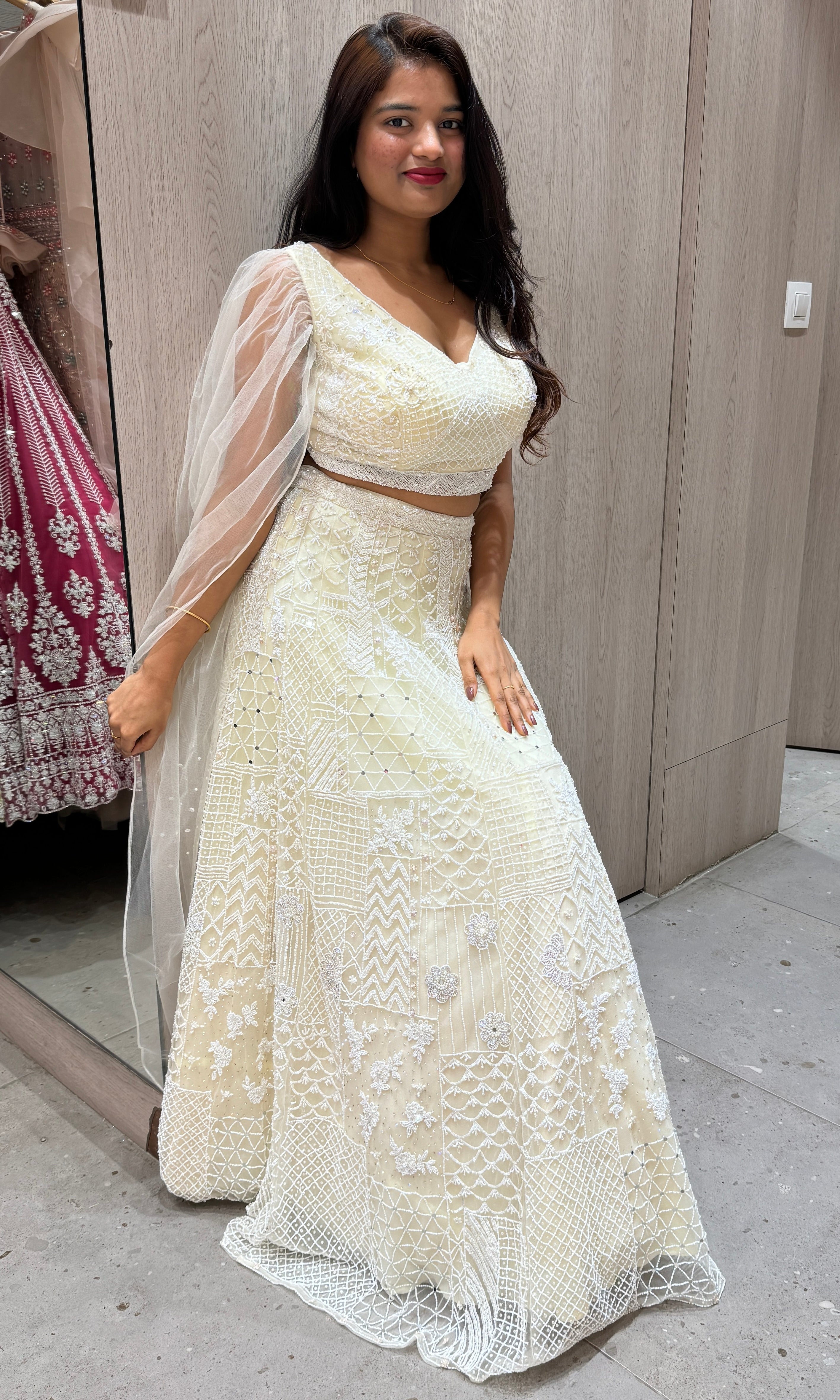White Lehenga with moti work embroidery designs 1000