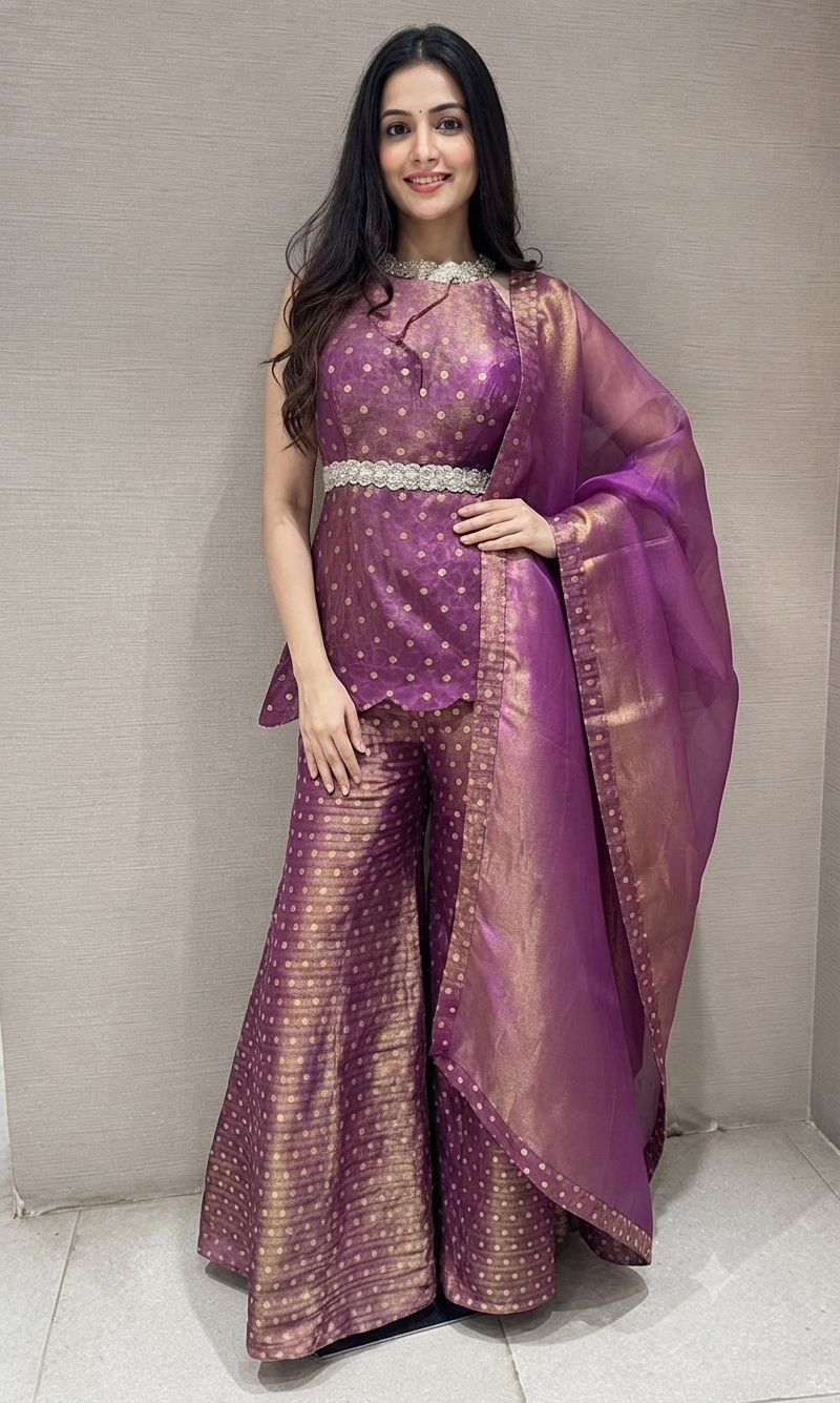 Purple Shimmer shine elegant peplum palazzo set