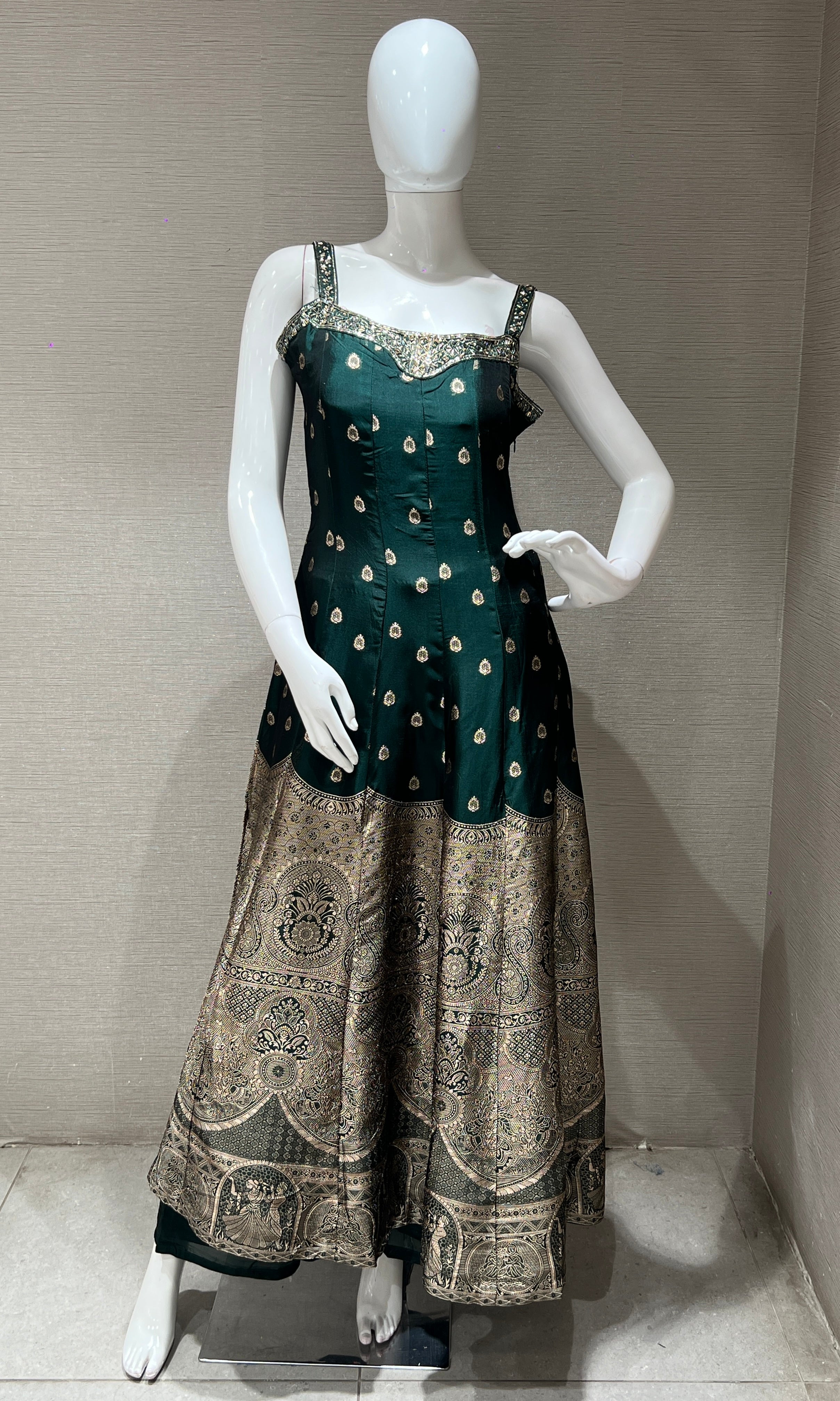 green and gold silk anarkali